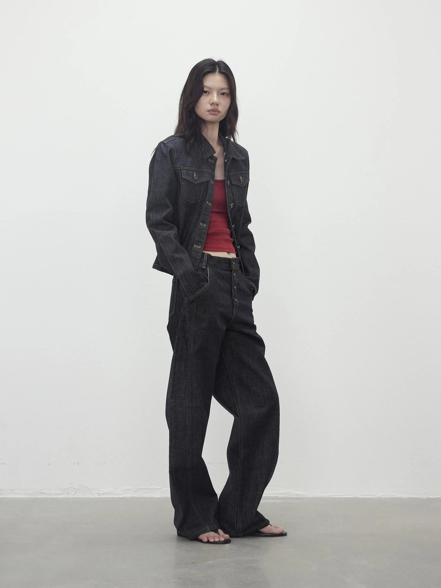 Deconstructed Denim Jacket With Topstitch And Relaxed Arc Hem Trousers