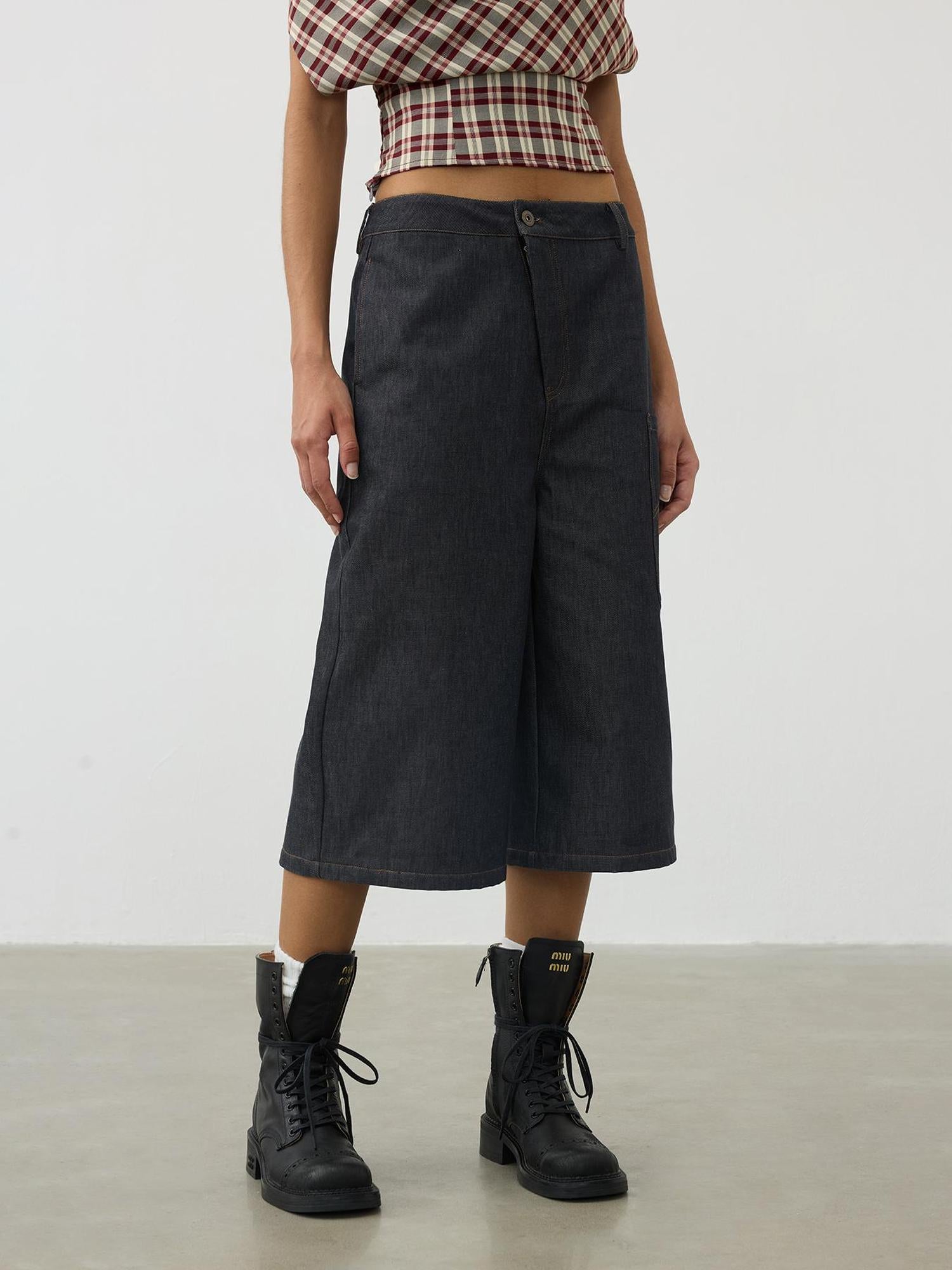 AFTADAWN Deconstructed Slant Placket Raw Wide Leg Cropped Jeans