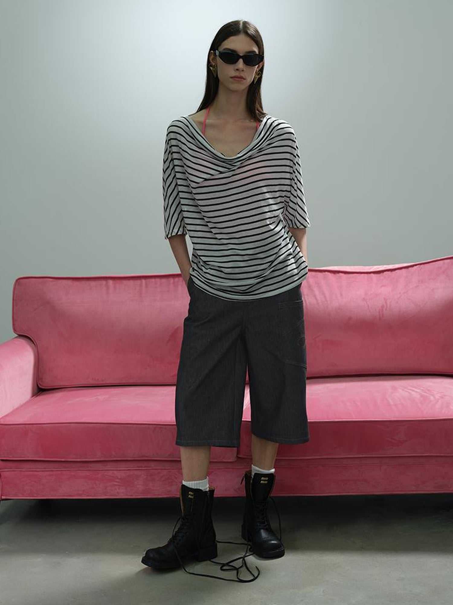 AFTADAWN Deconstructed Slant Placket Raw Wide Leg Cropped Jeans