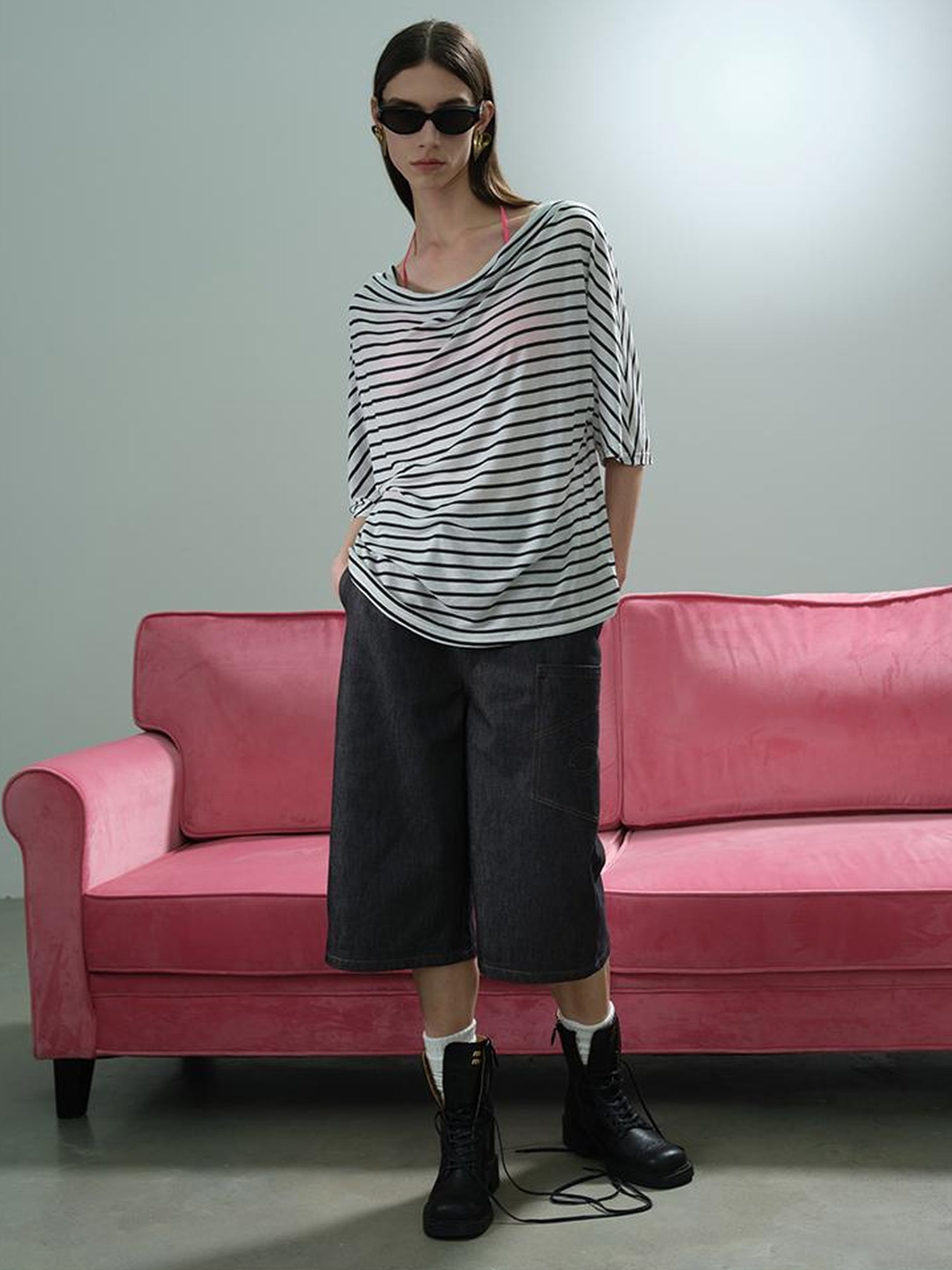 AFTADAWN Deconstructed Slant Placket Raw Wide Leg Cropped Jeans