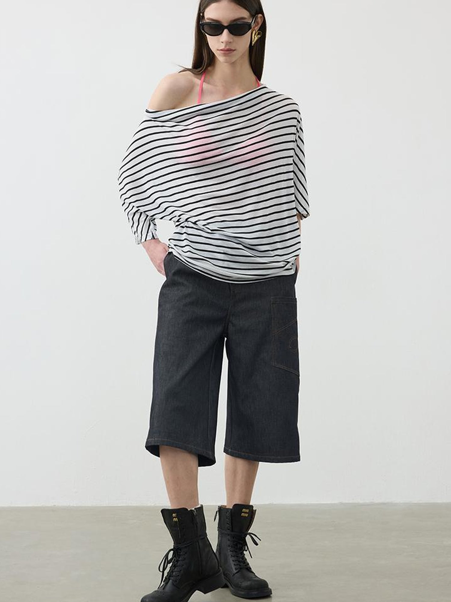 AFTADAWN Deconstructed Slant Placket Raw Wide Leg Cropped Jeans