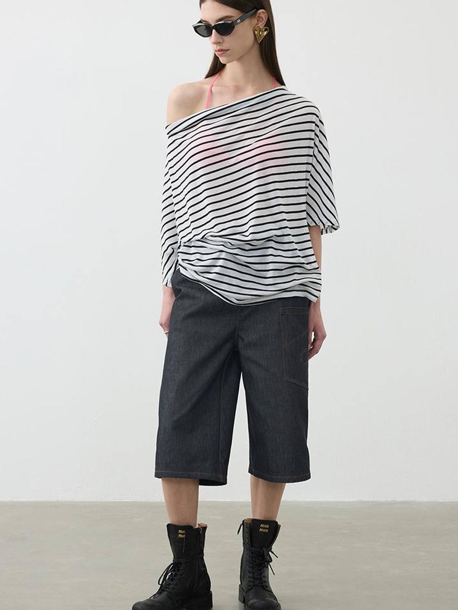 AFTADAWN Deconstructed Slant Placket Raw Wide Leg Cropped Jeans