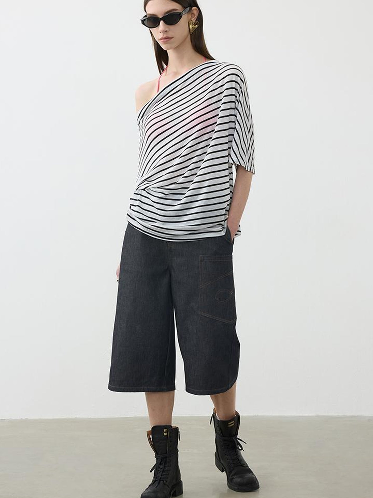 AFTADAWN Deconstructed Slant Placket Raw Wide Leg Cropped Jeans