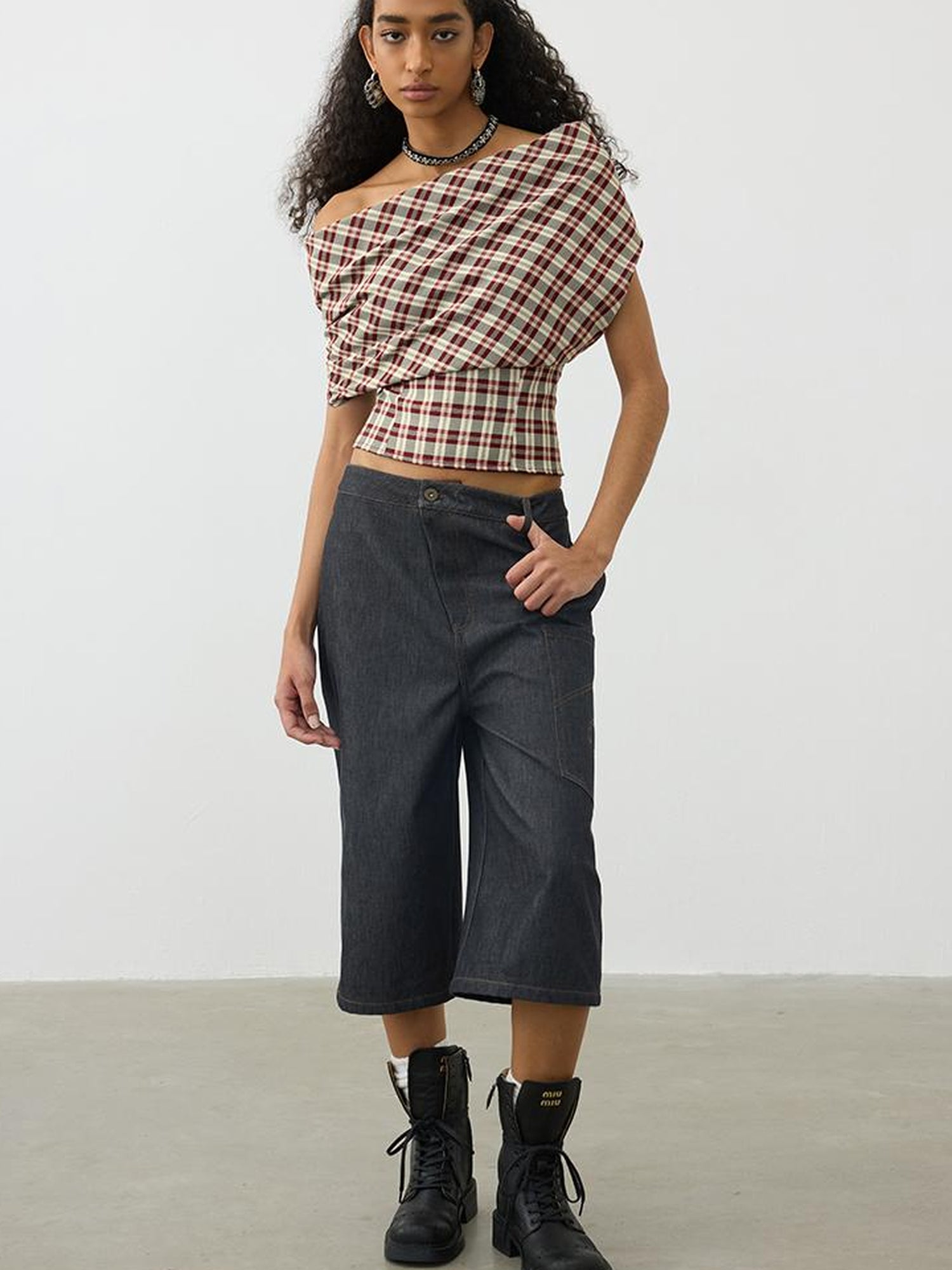 AFTADAWN Deconstructed Slant Placket Raw Wide Leg Cropped Jeans