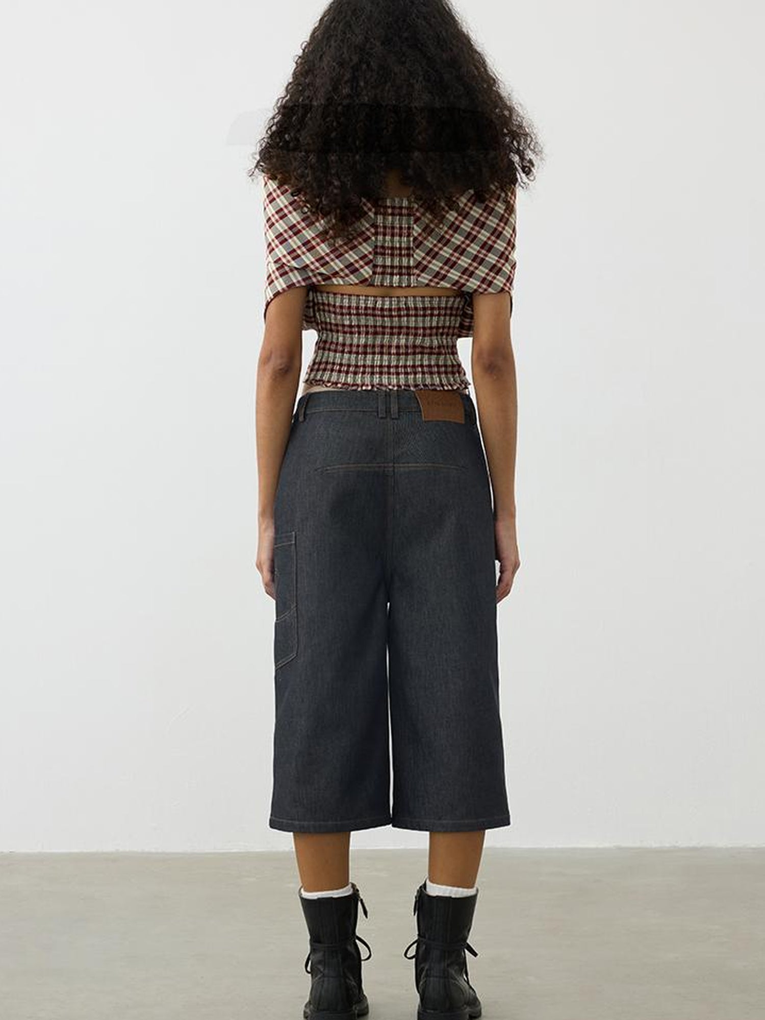 AFTADAWN Deconstructed Slant Placket Raw Wide Leg Cropped Jeans
