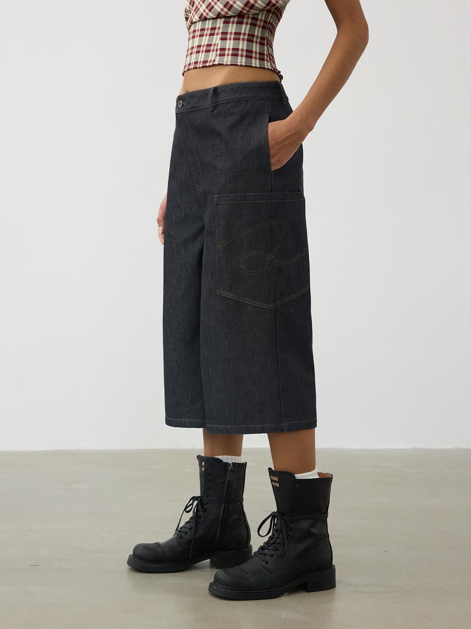 AFTADAWN Deconstructed Slant Placket Raw Wide Leg Cropped Jeans