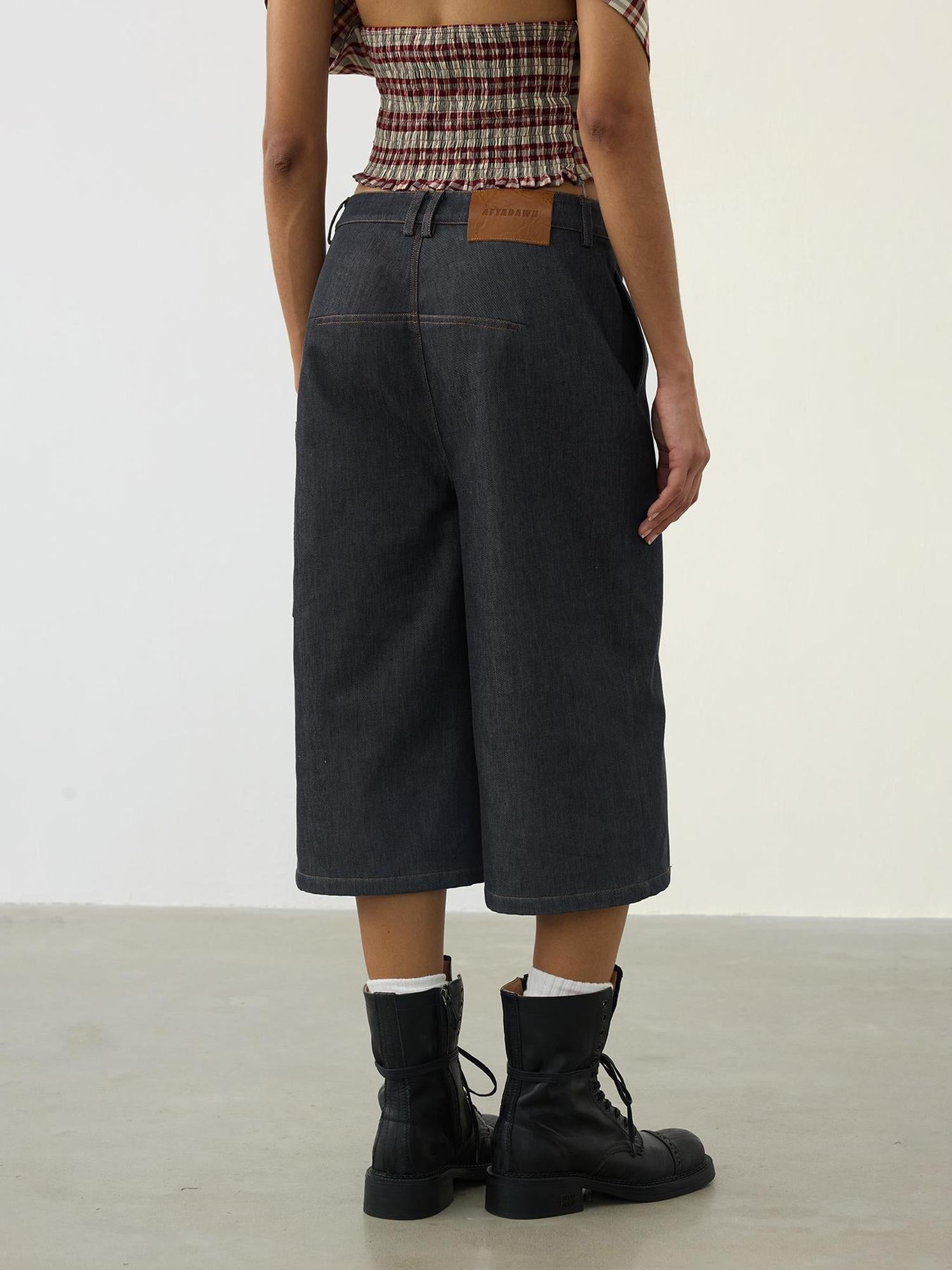 AFTADAWN Deconstructed Slant Placket Raw Wide Leg Cropped Jeans