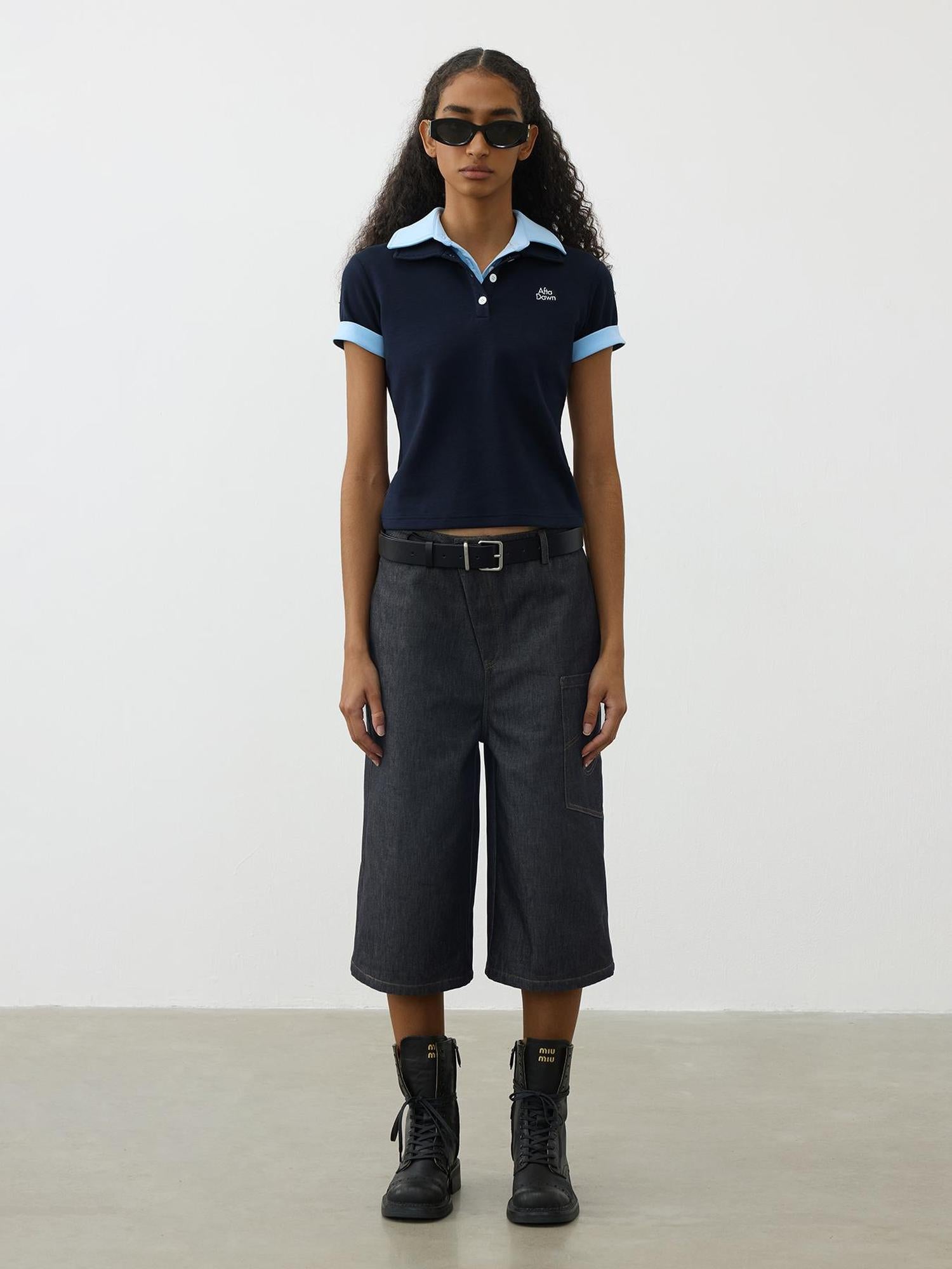 AFTADAWN Deconstructed Slant Placket Raw Wide Leg Cropped Jeans