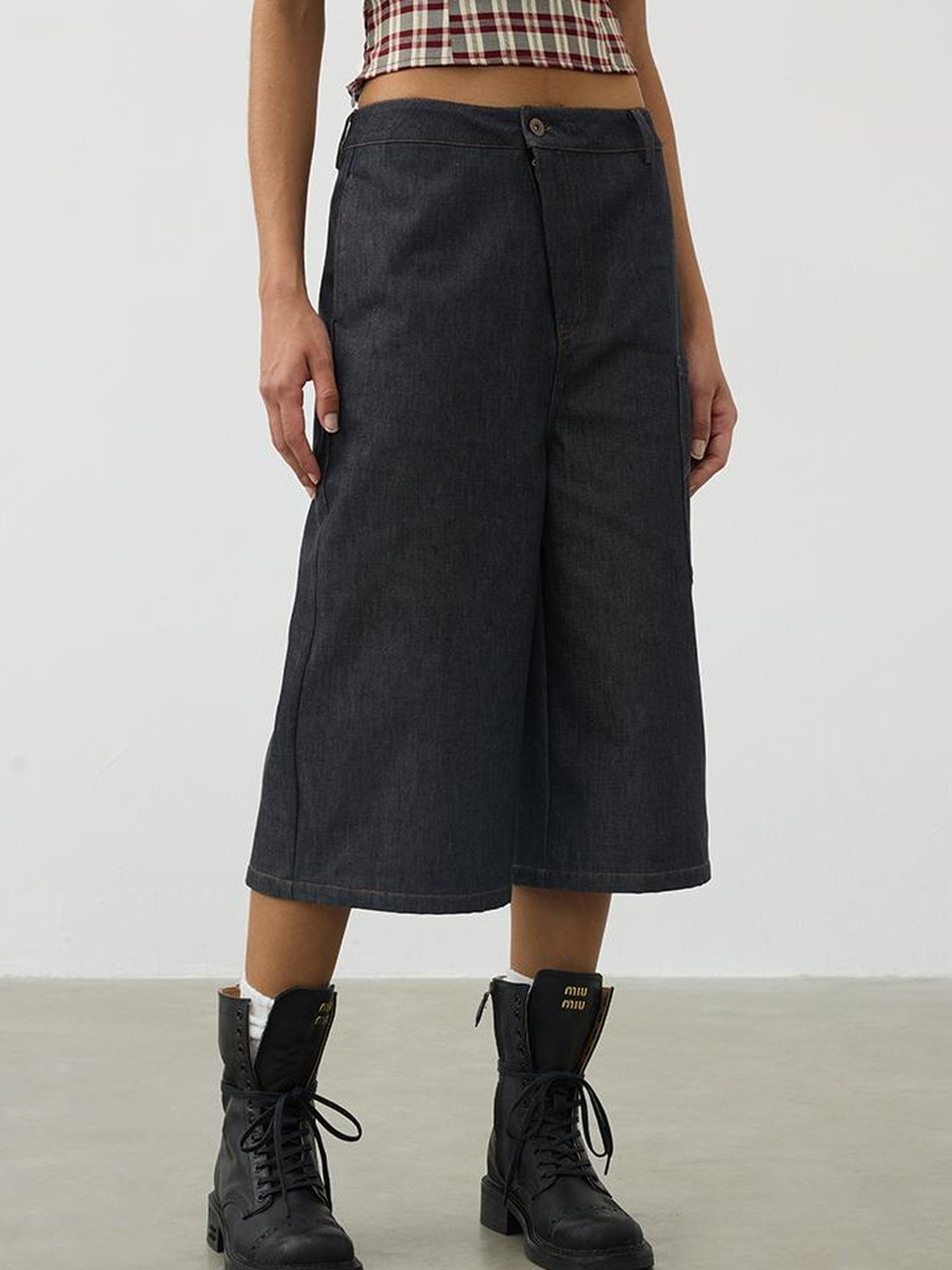 AFTADAWN Deconstructed Slant Placket Raw Wide Leg Cropped Jeans