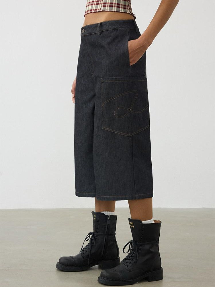 AFTADAWN Deconstructed Slanted Fly Patch Pocket Low Waist Wide Leg Women&