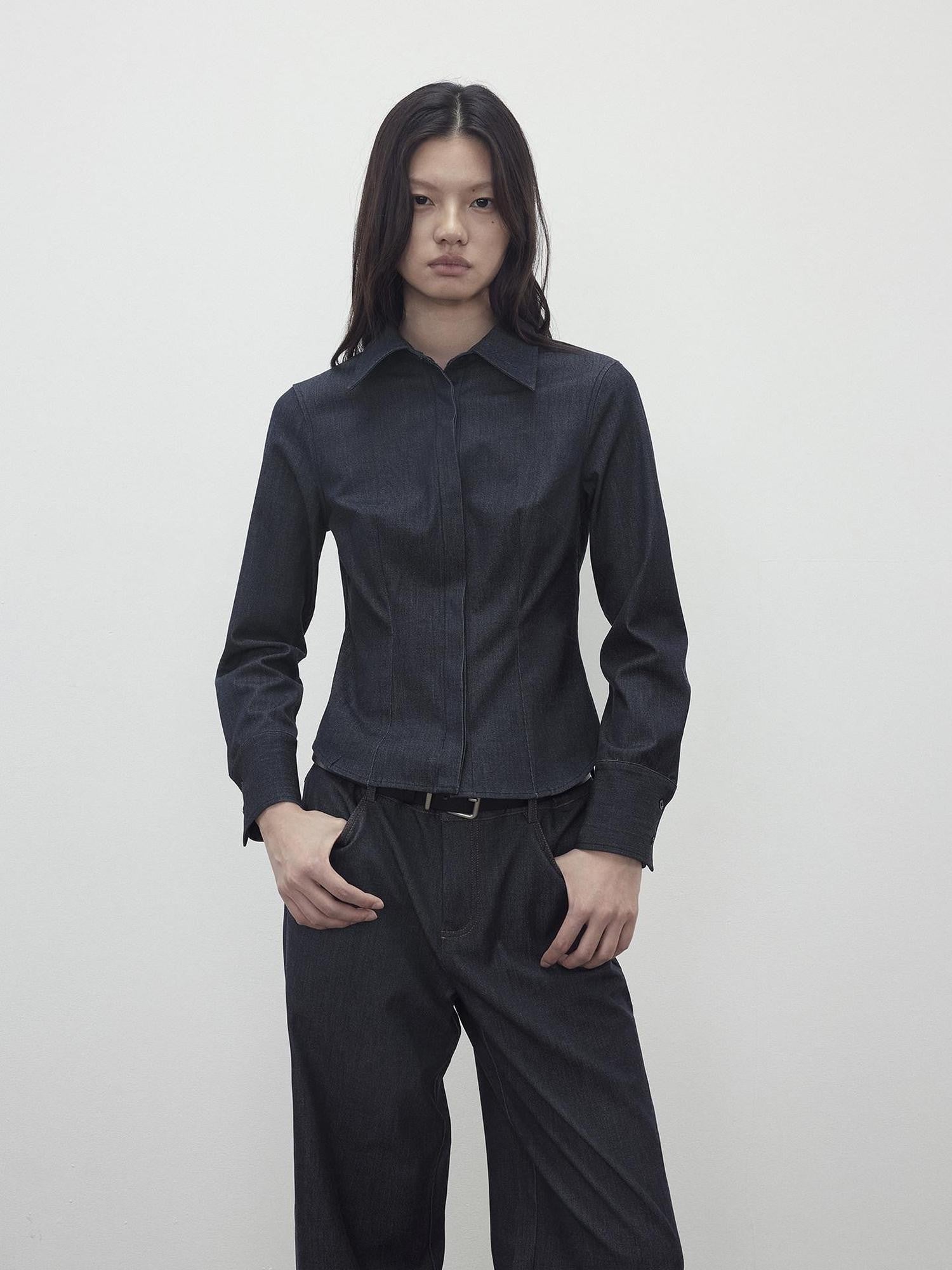AFTADAWN Deep Blue Faux Denim Waist Cinching Slim Polo Collar Women&