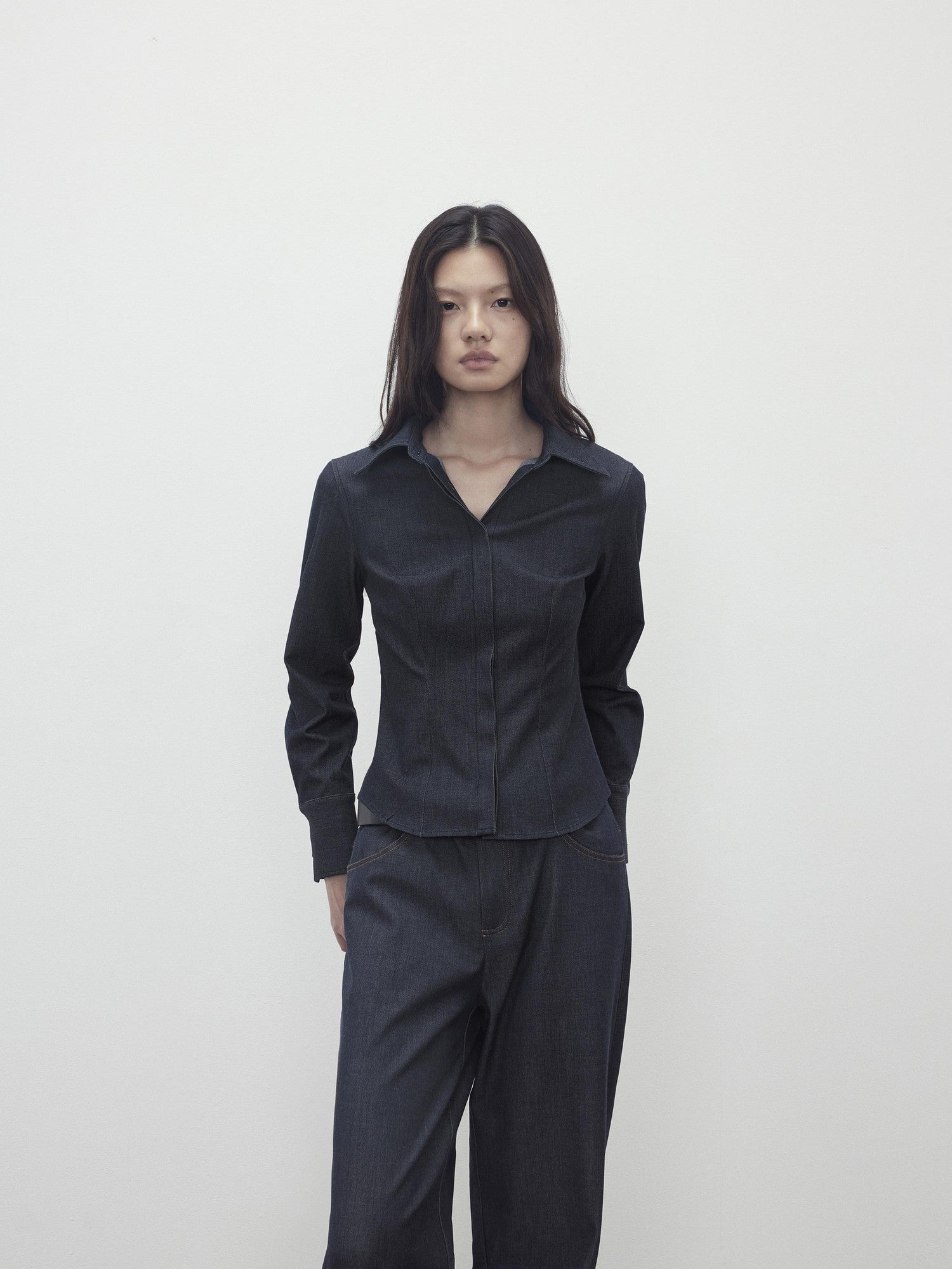 AFTADAWN Deep Blue Faux Denim Waist Cinching Slim Polo Collar Women&