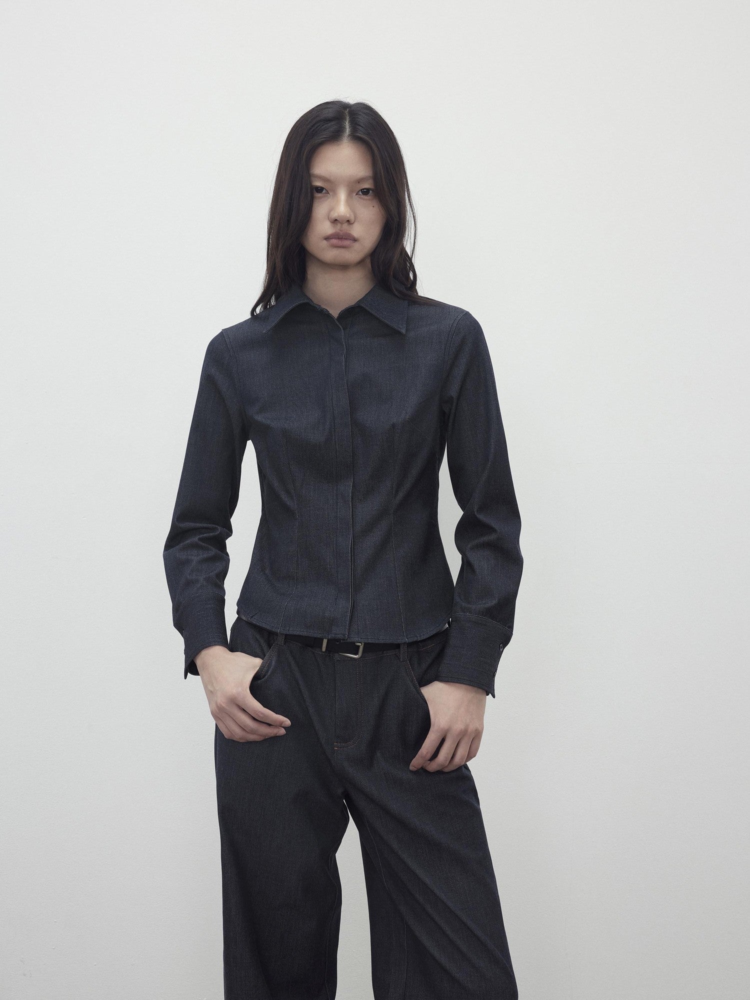 AFTADAWN Deep Blue Faux Denim Waist Cinching Slim Polo Collar Women&