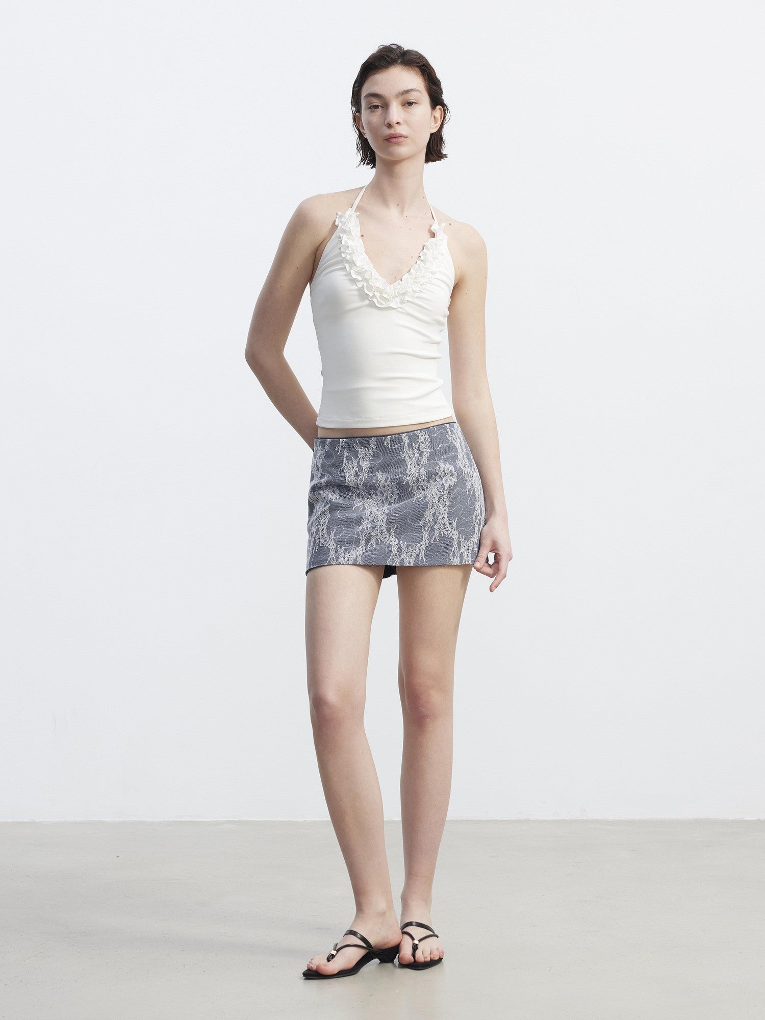 AFTADAWN Deep Blue Lace Mesh Double Layer Denim Women&