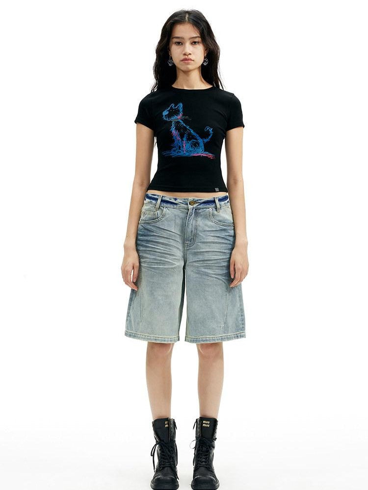 AFTADAWN Deep Blue Puppy Dog Print Slim Fit Cropped Women&
