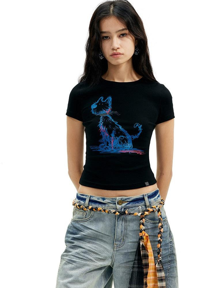 AFTADAWN Deep Blue Puppy Dog Print Slim Fit Cropped Women&
