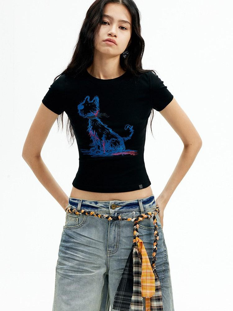 AFTADAWN Deep Blue Puppy Dog Print Slim Fit Cropped Women&