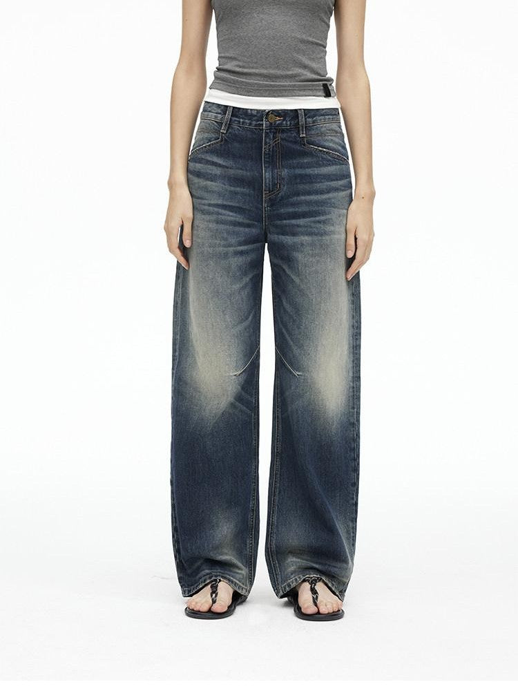 AFTADAWN Deep Blue Washed Low Waist Loose Straight Curved Leg Women&