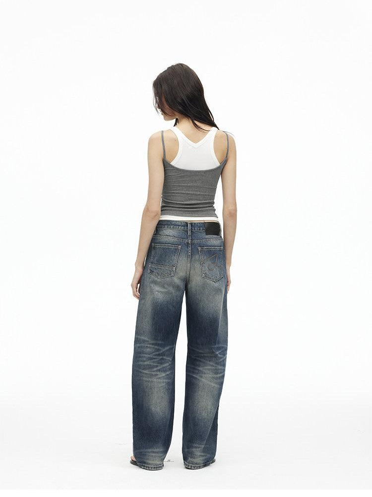 AFTADAWN Deep Blue Washed Low Waist Loose Straight Curved Leg Women&