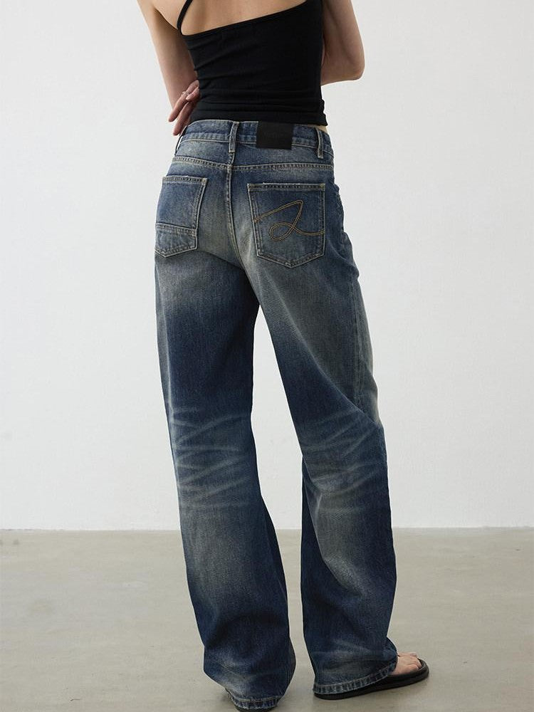 AFTADAWN Deep Blue Washed Relaxed Mid Low Rise Women&