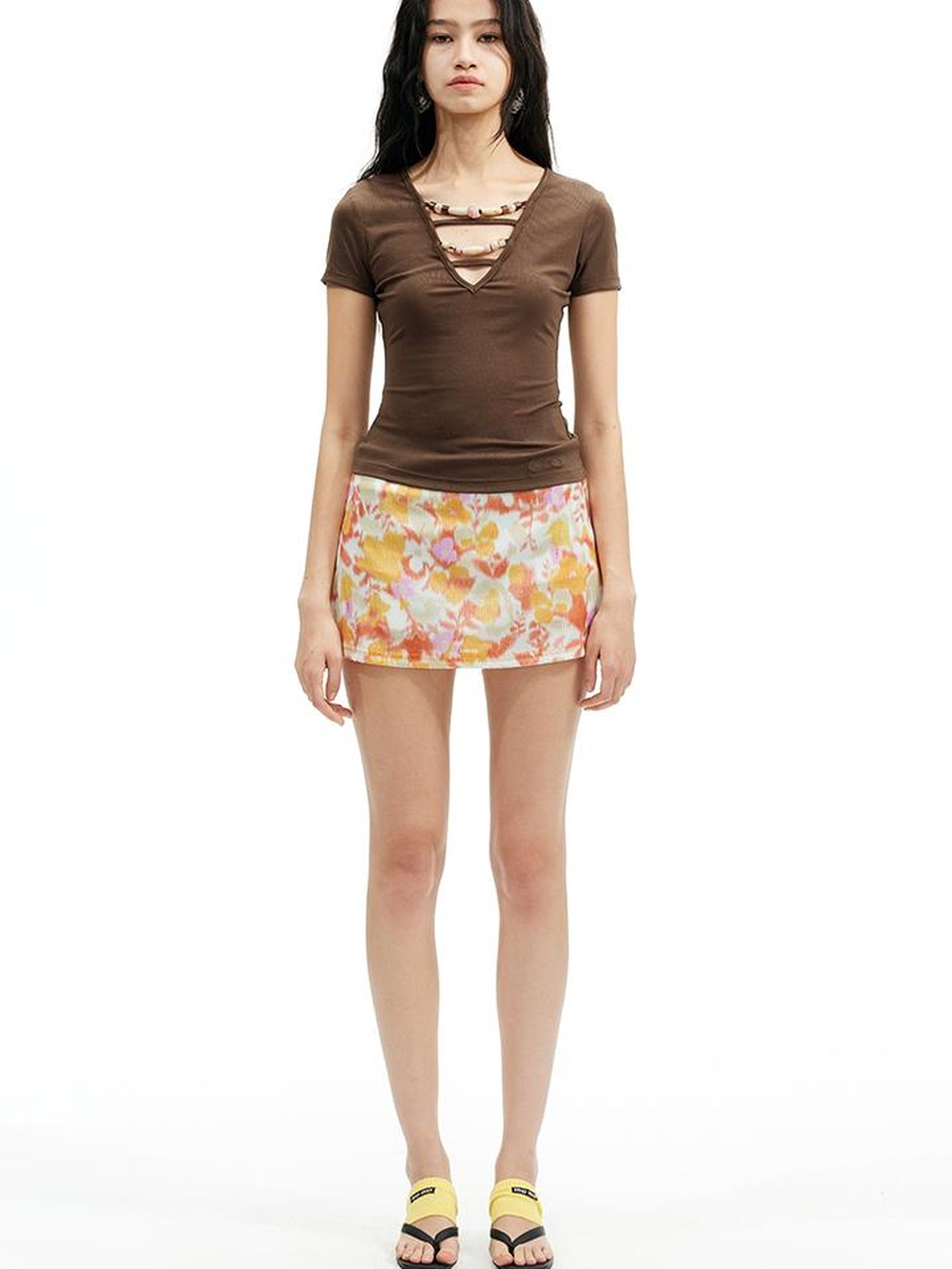 AFTADAWN Deep V-Neck Hollow Out Beaded T-Shirt