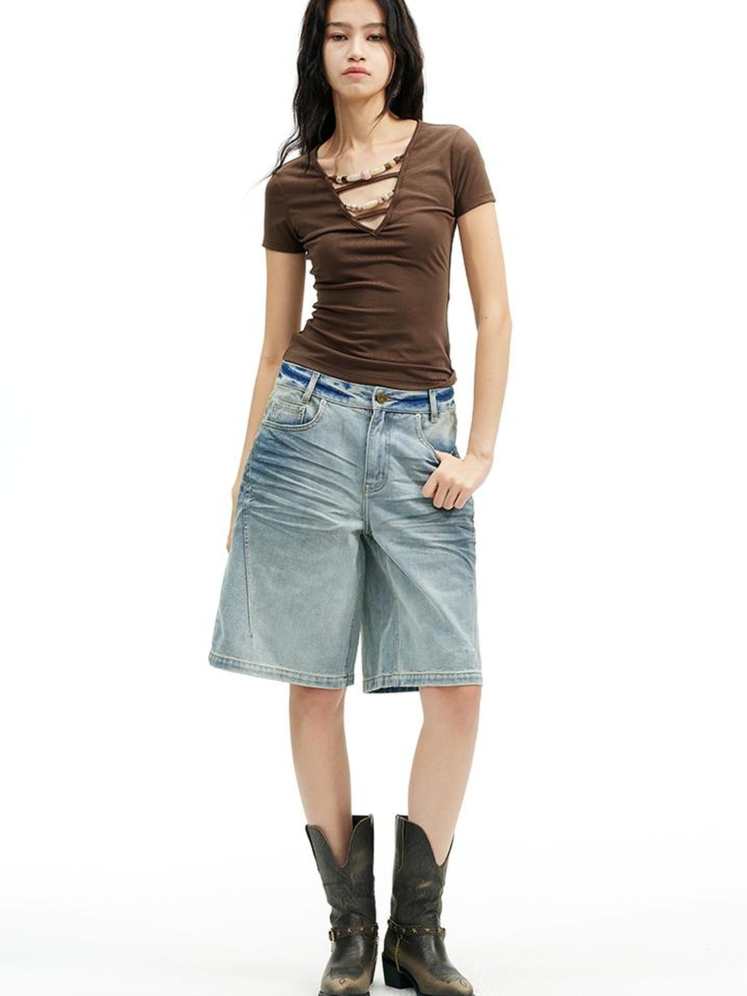 AFTADAWN Deep V-Neck Hollow Out Beaded T-Shirt