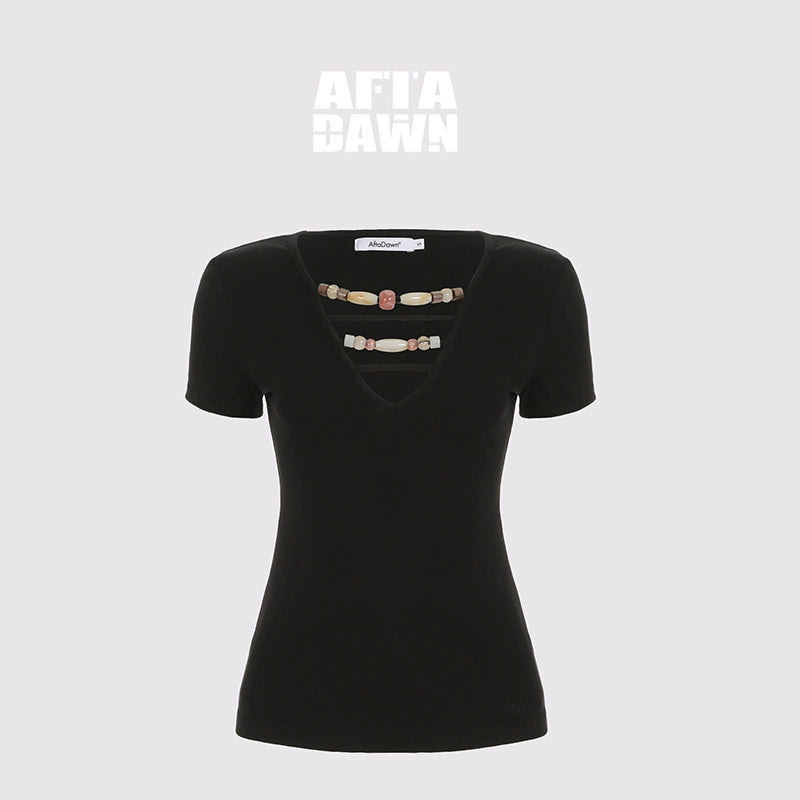 AFTADAWN_Deep_V-Neck_Hollow_Out_Beaded_T-Shirt_MISSTT
