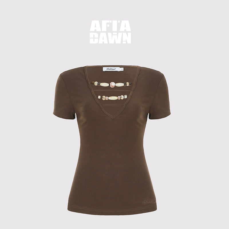 AFTADAWN_Deep_V-Neck_Hollow_Out_Beaded_T-Shirt_MISSTT