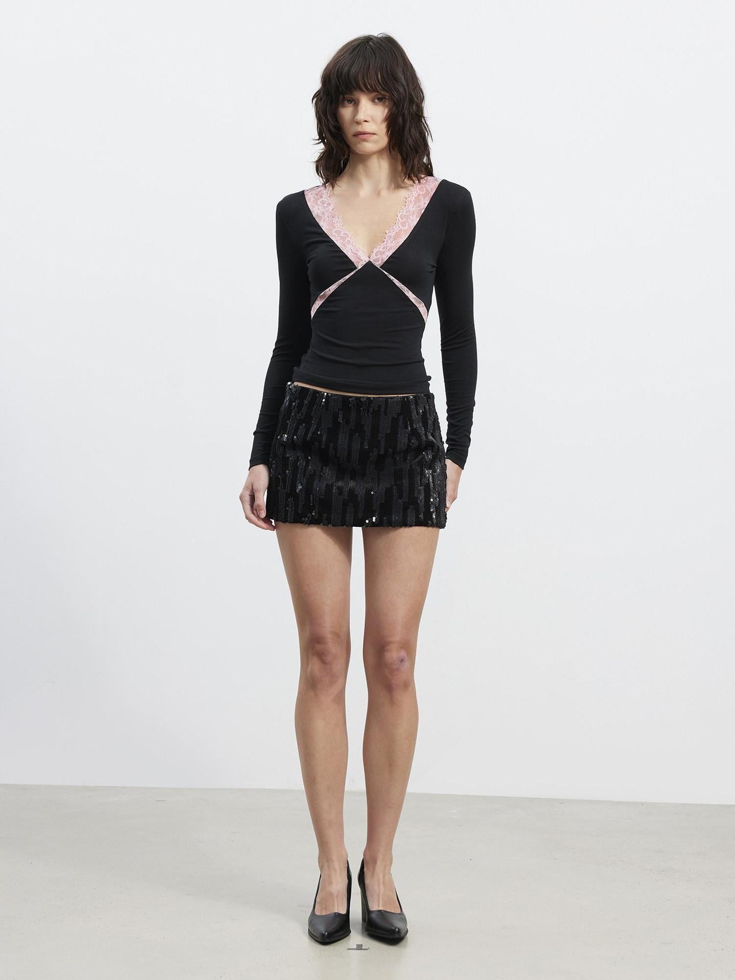 AFTADAWN Deep V Lace Splice Colorblock Slim Fit Women&