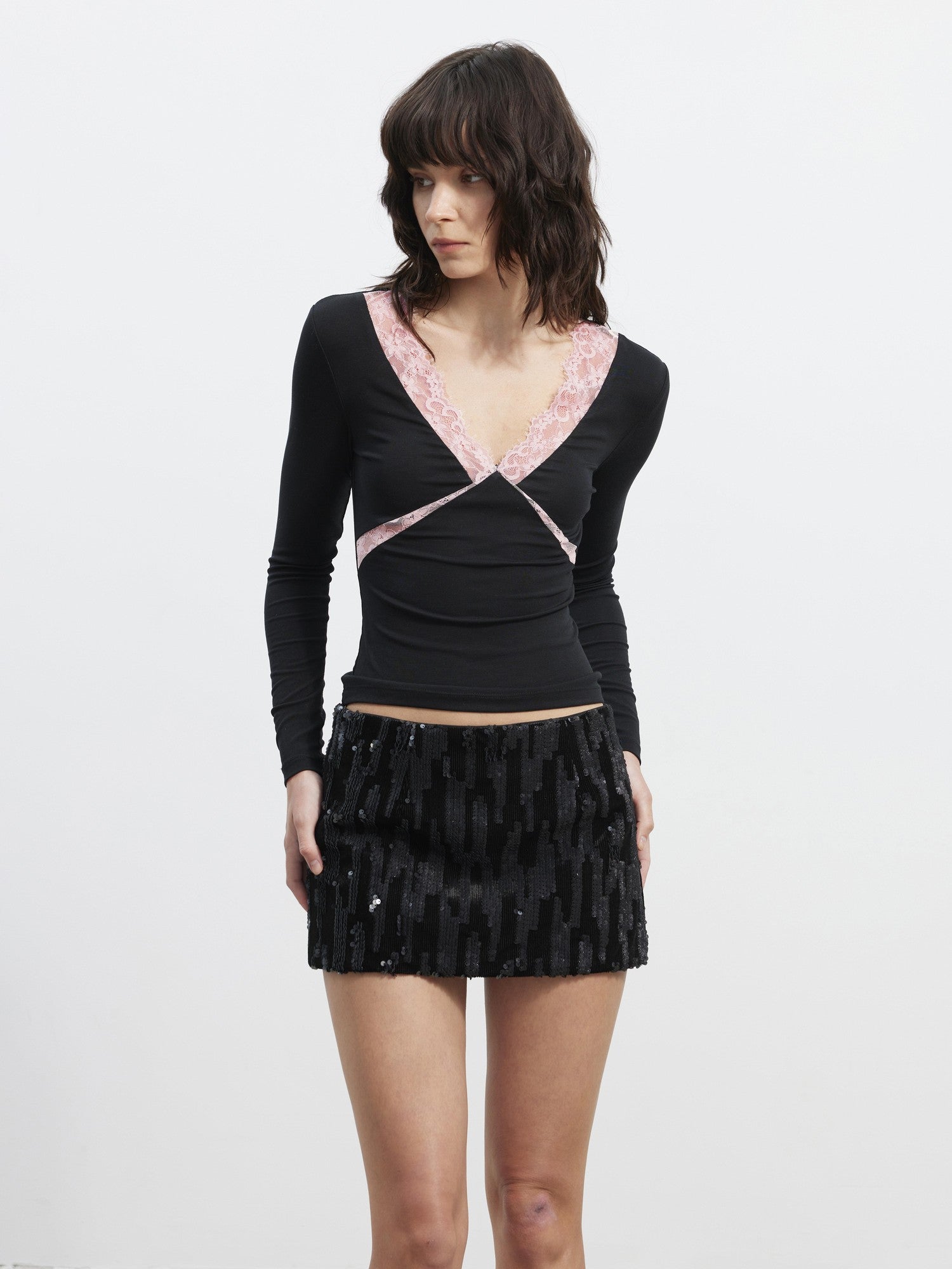 AFTADAWN Deep V Lace Splice Colorblock Slim Fit Women&