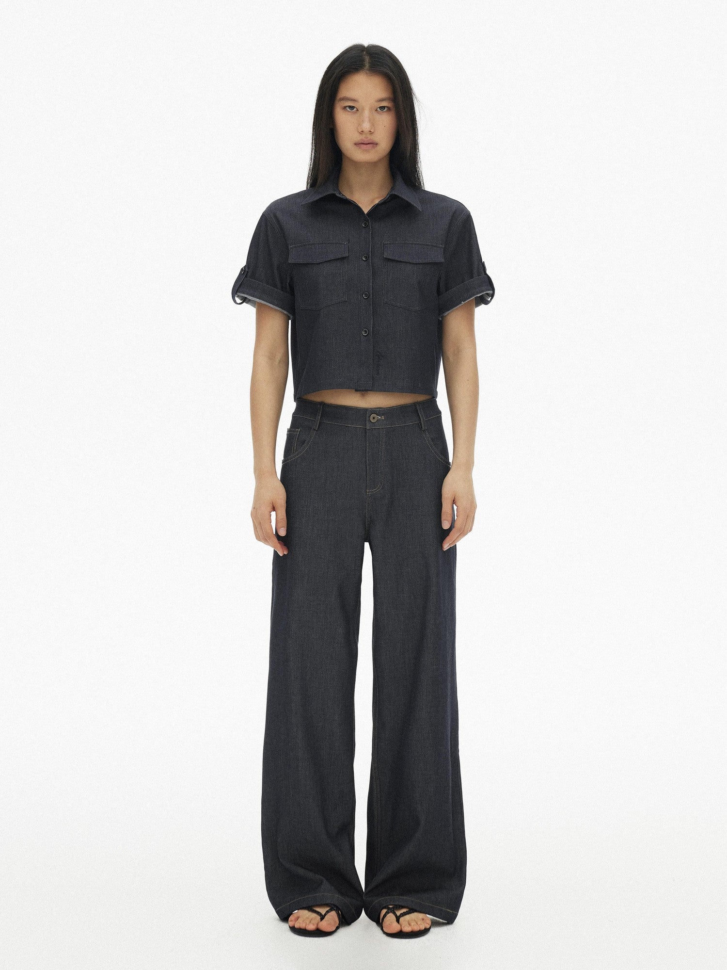AFTADAWN Denim Utility Patch Pocket Loose Short Sleeve Women&