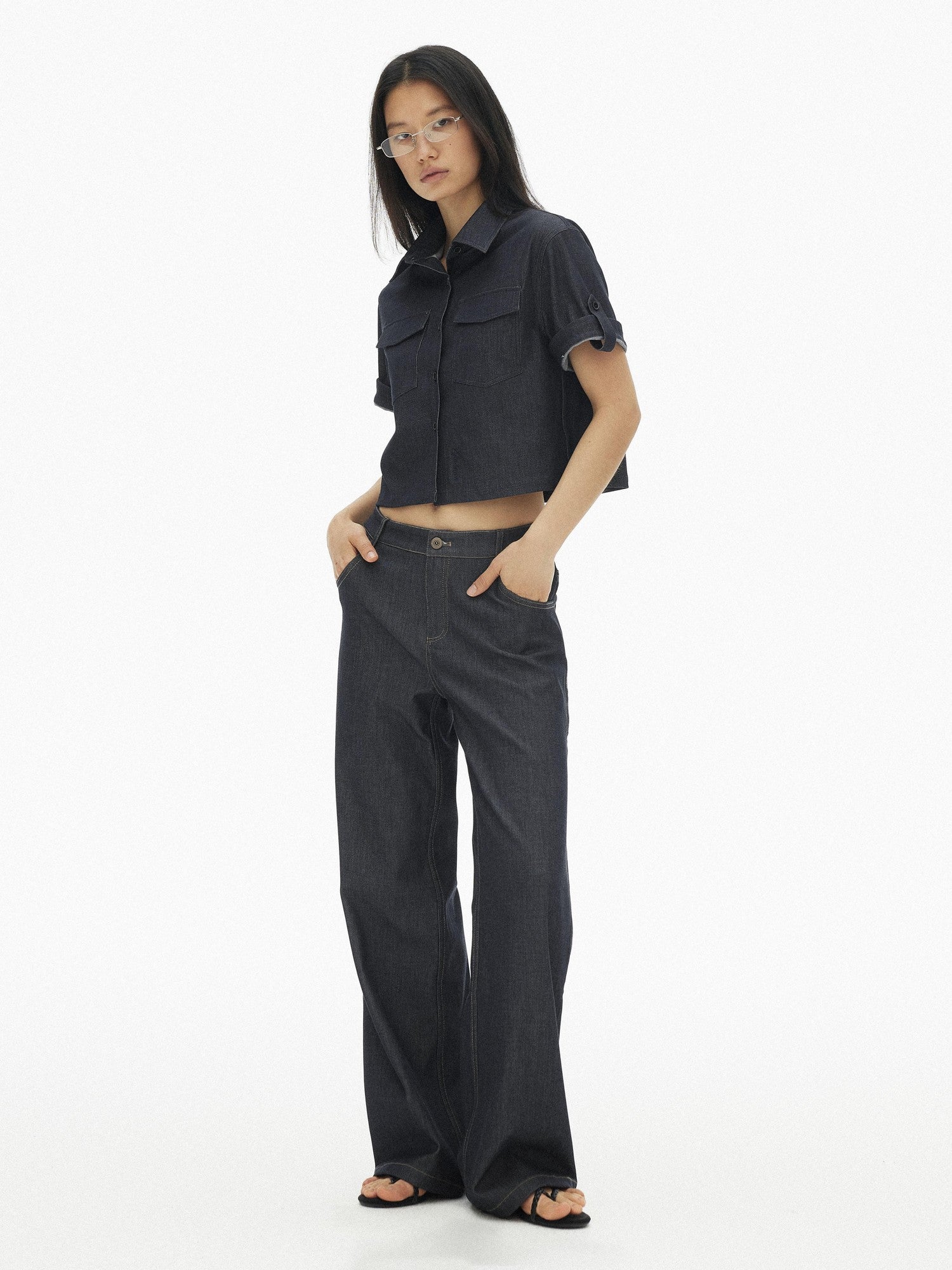 AFTADAWN Denim Utility Patch Pocket Loose Short Sleeve Women&