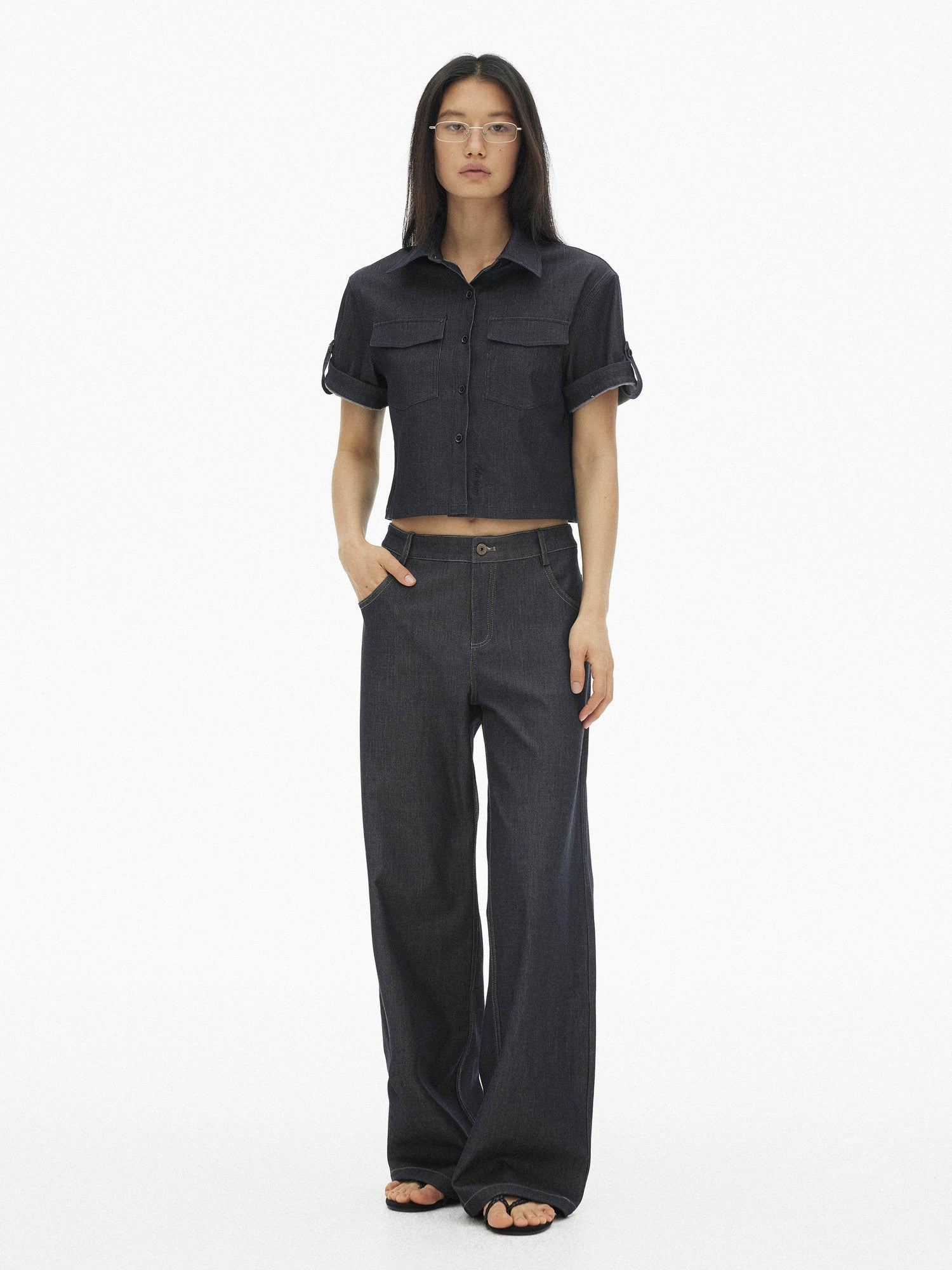 AFTADAWN Denim Utility Patch Pocket Loose Short Sleeve Women&
