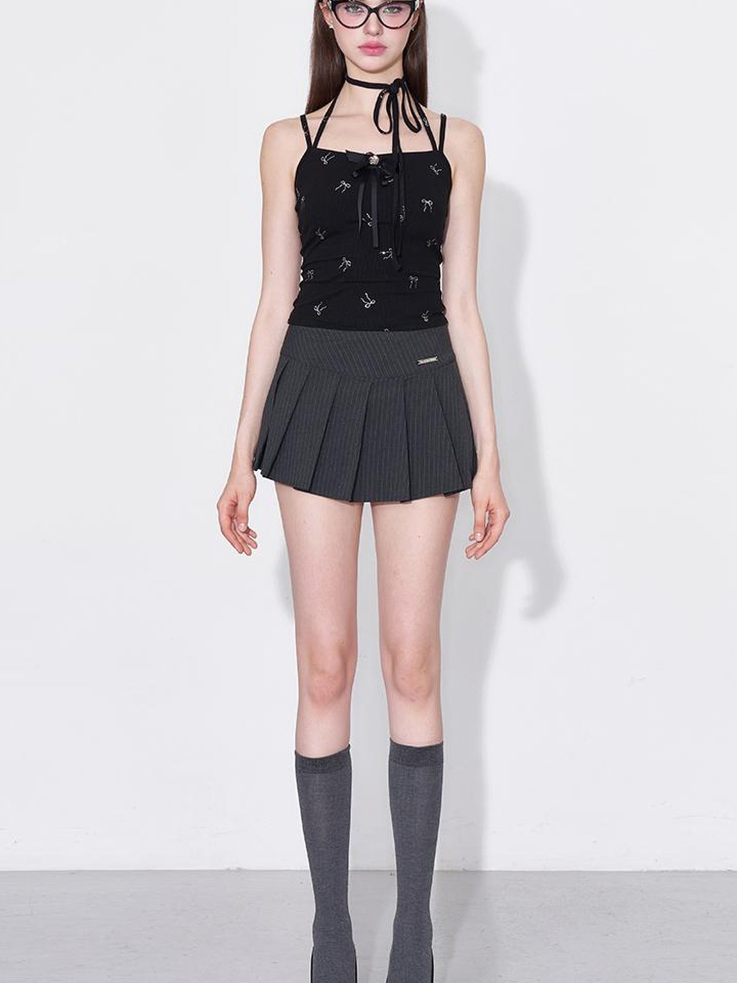 AFTADAWN Detachable Bow Strap Slip Cardigan With Silver Print