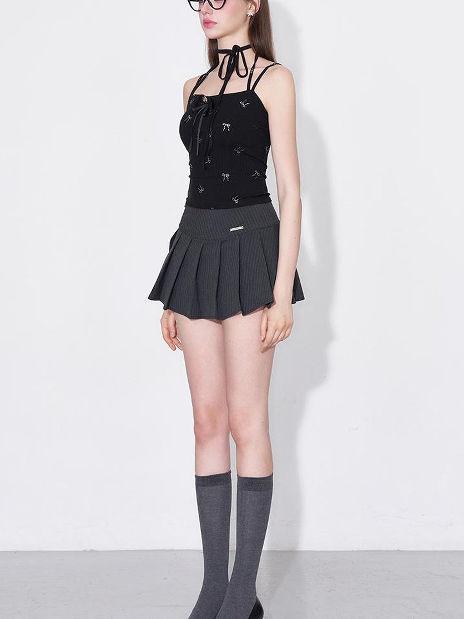 AFTADAWN Detachable Bow Strap Slip Cardigan With Silver Print