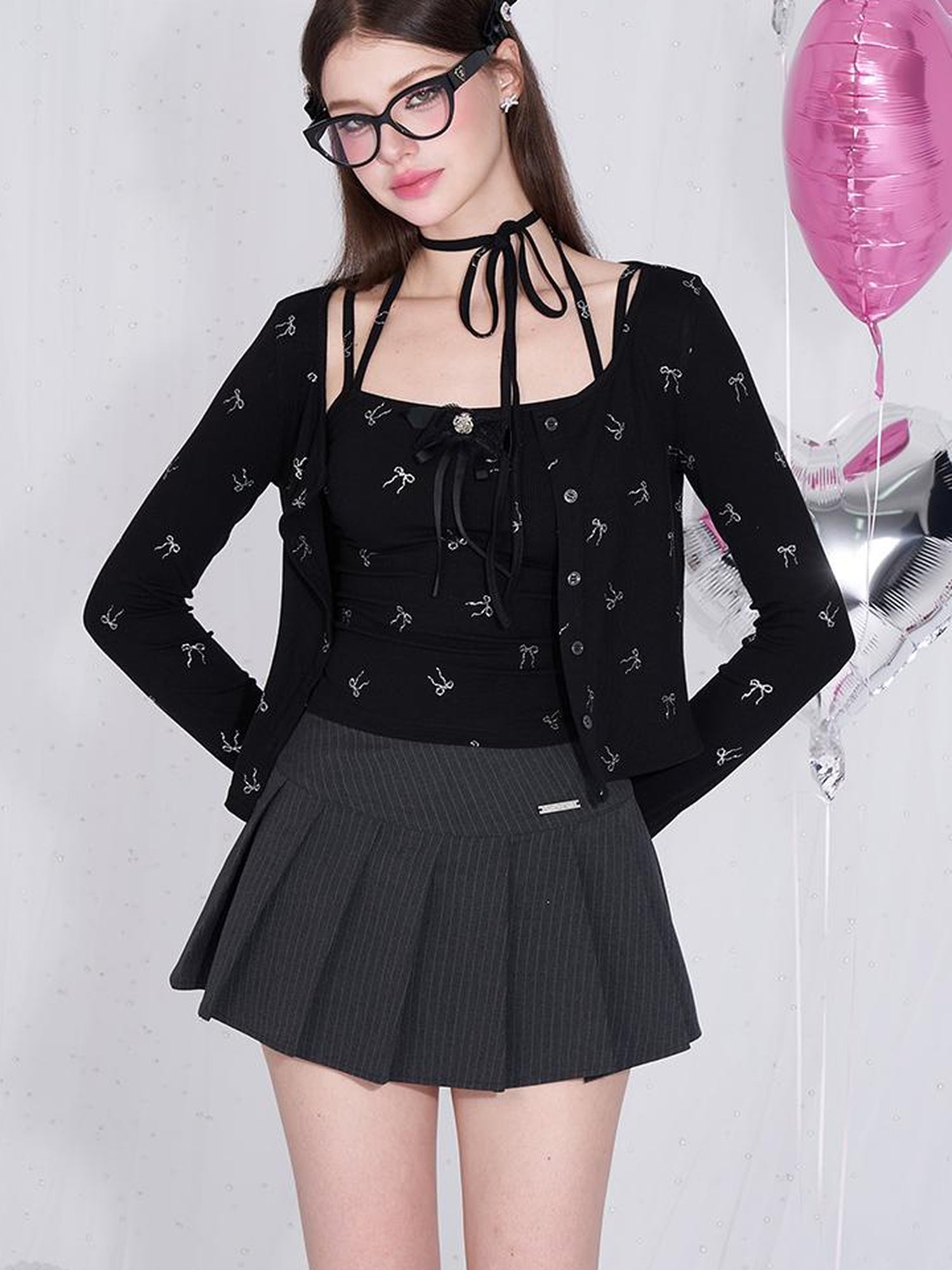 AFTADAWN Detachable Bow Strap Slip Cardigan With Silver Print