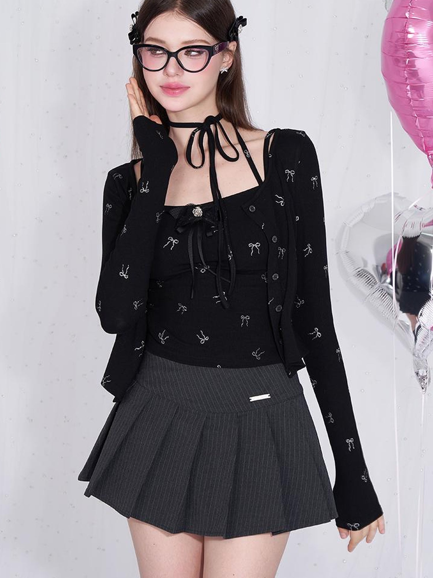 AFTADAWN Detachable Bow Strap Slip Cardigan With Silver Print