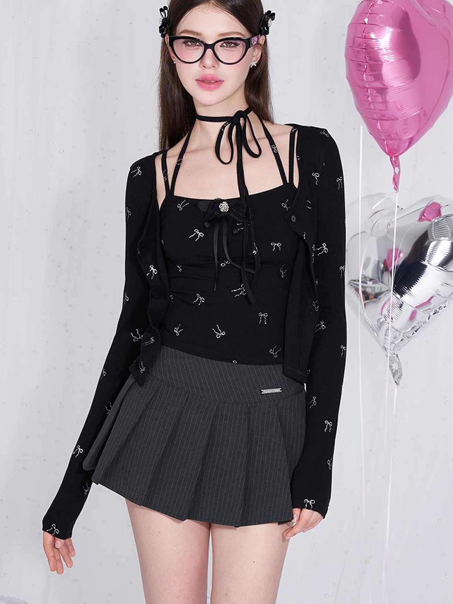 AFTADAWN Detachable Bow Strap Slip Cardigan With Silver Print