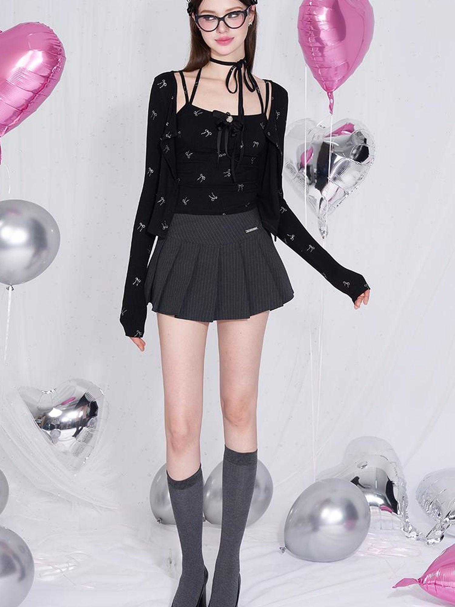 AFTADAWN Detachable Bow Strap Slip Cardigan With Silver Print