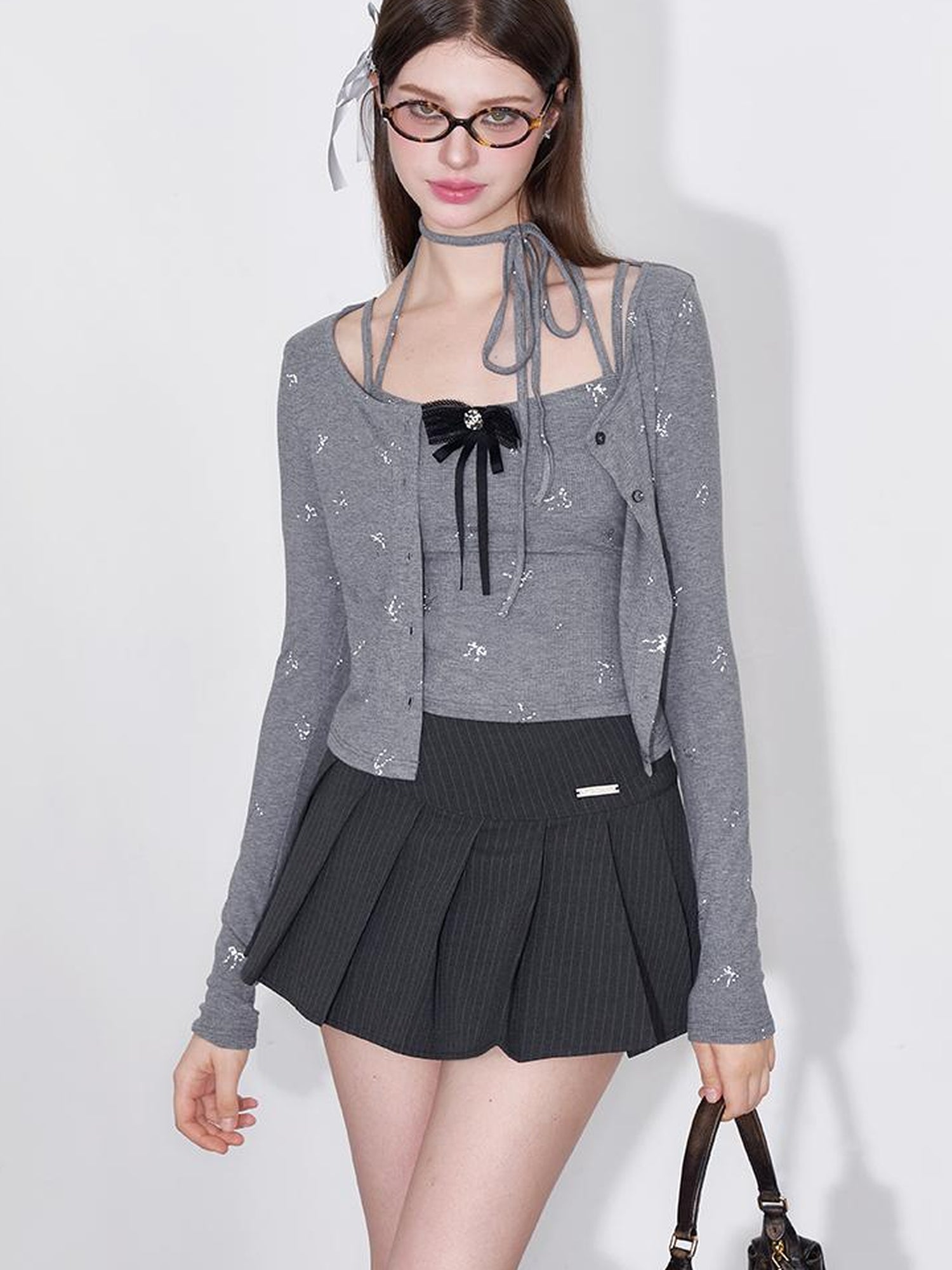 AFTADAWN Detachable Bow Strap Slip Cardigan With Silver Print