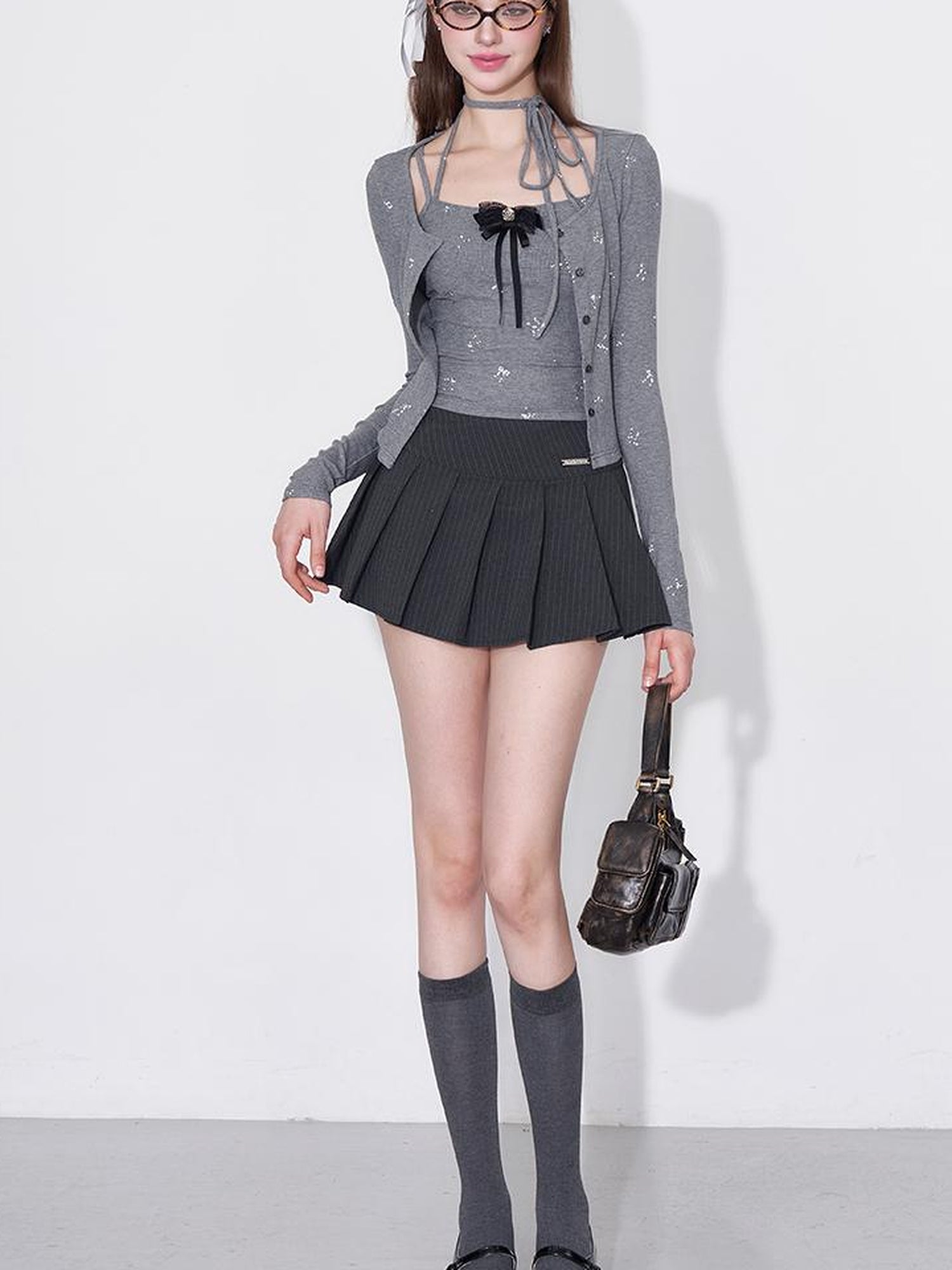 AFTADAWN Detachable Bow Strap Slip Cardigan With Silver Print