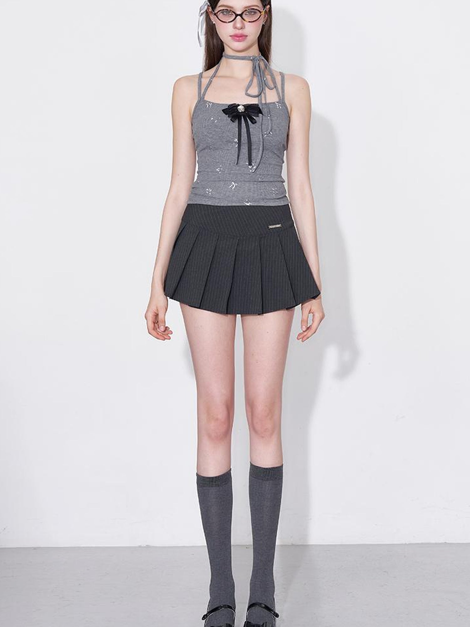 AFTADAWN Detachable Bow Strap Slip Cardigan With Silver Print