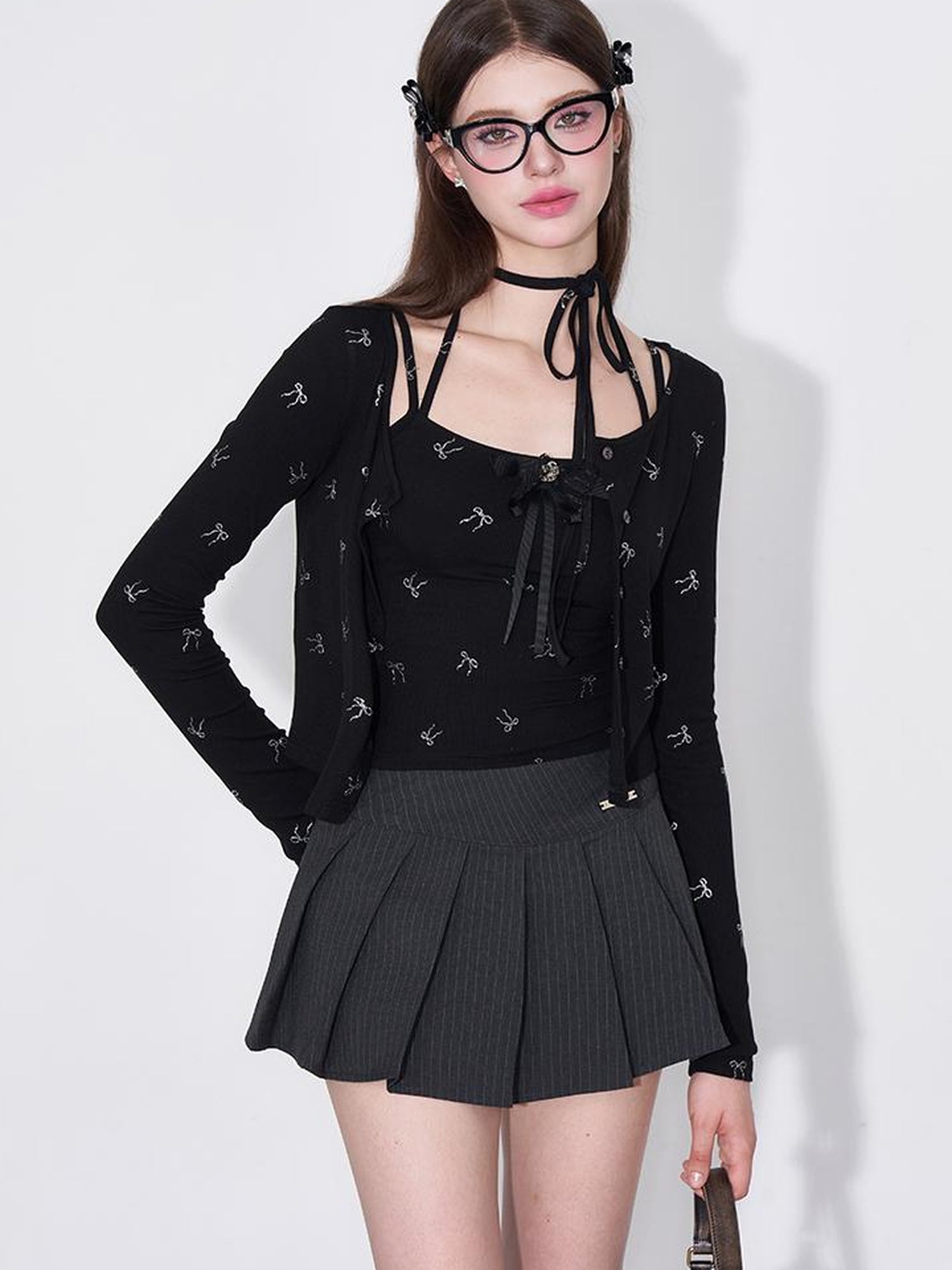 AFTADAWN Detachable Bow Strap Slip Cardigan With Silver Print