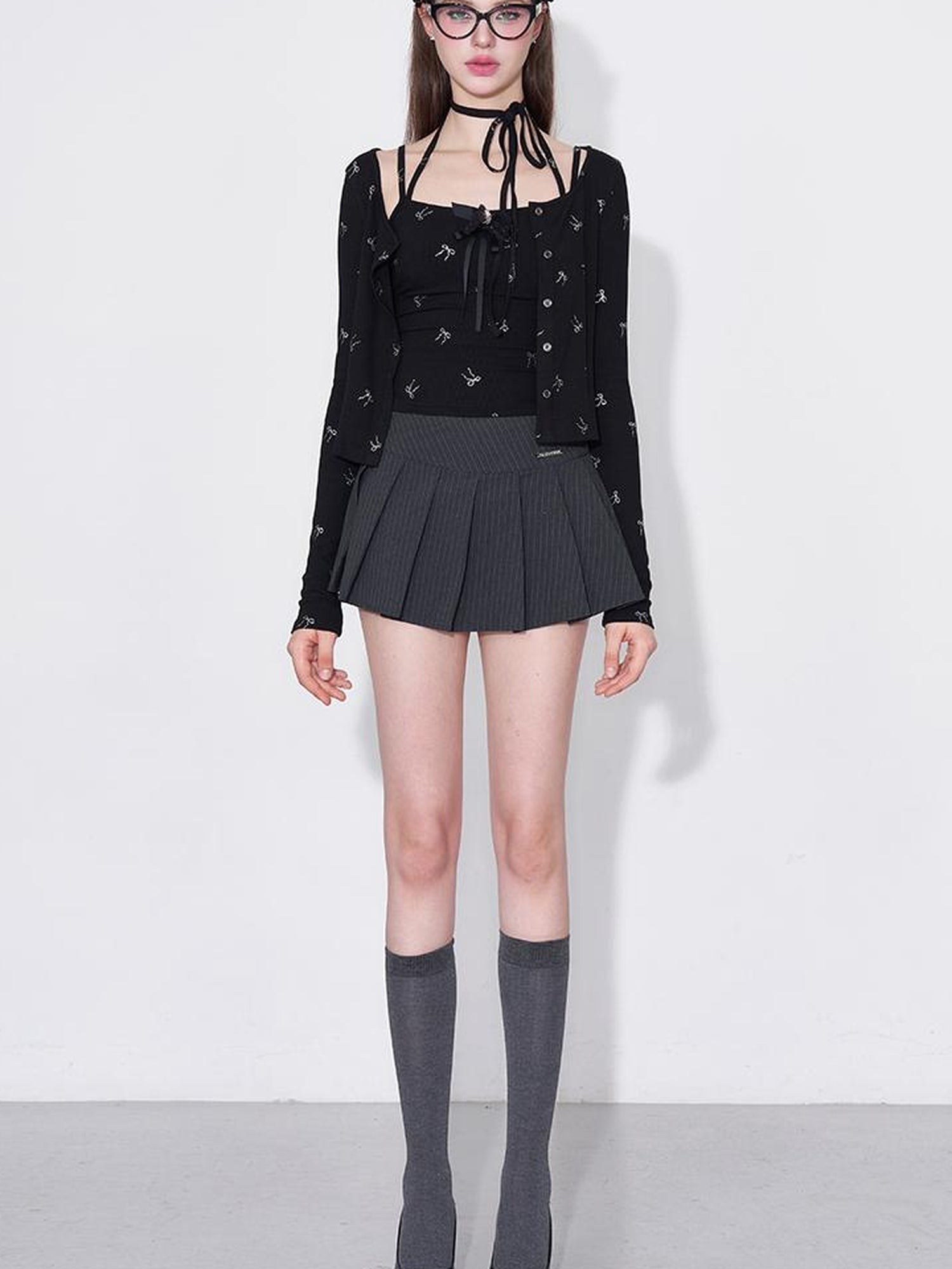 AFTADAWN Detachable Bow Strap Slip Cardigan With Silver Print