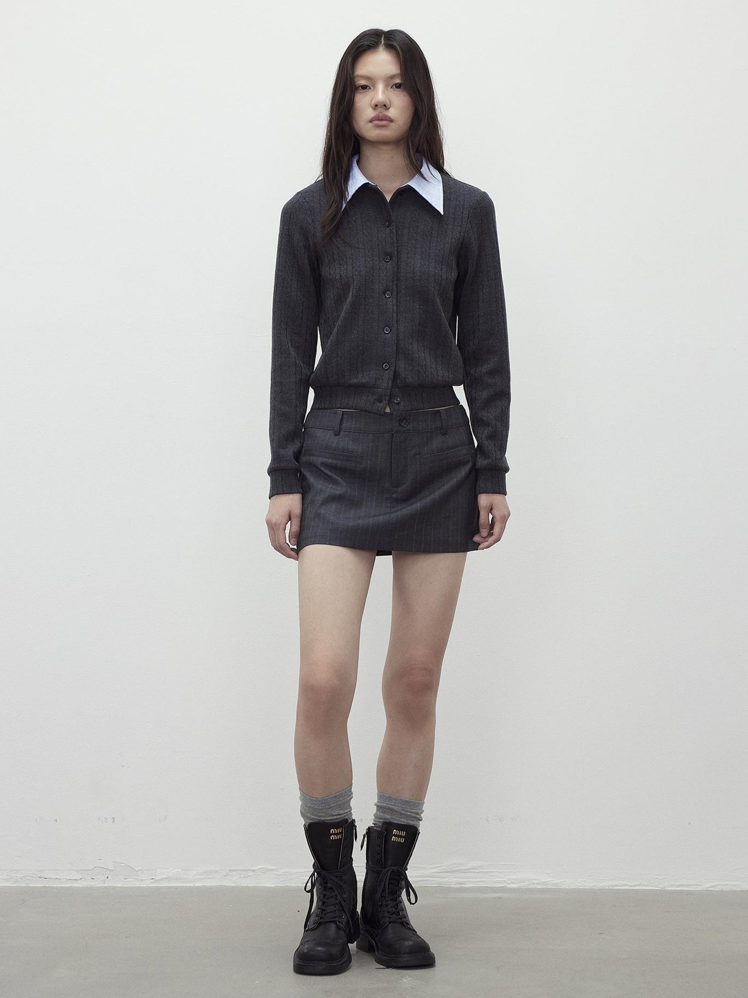 AFTADAWN Detachable Collar Wool Blend Textured Long Sleeve Knit Top