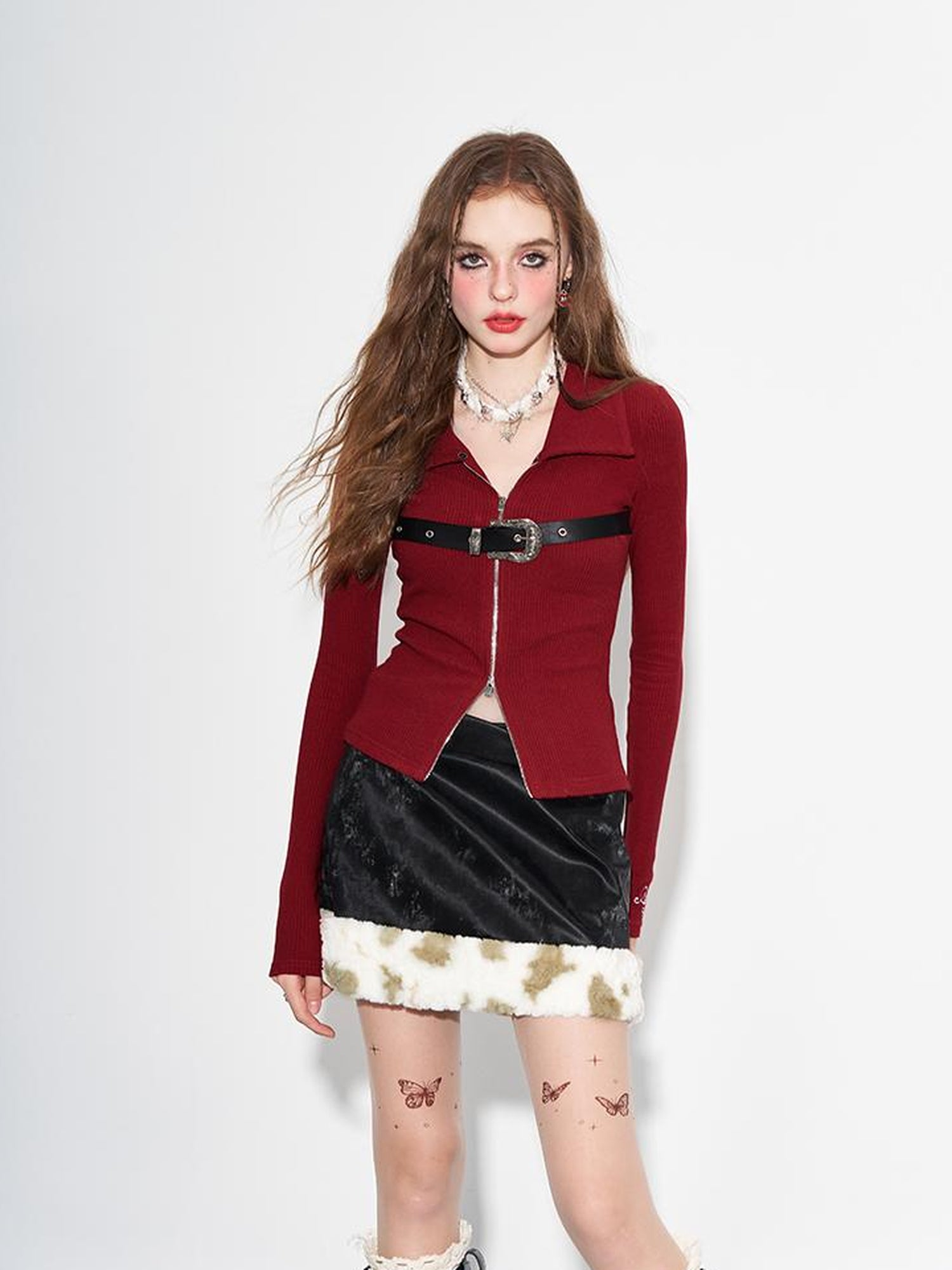 AFTADAWN Detachable Faux Fur Collar Dual Zip Knit Top