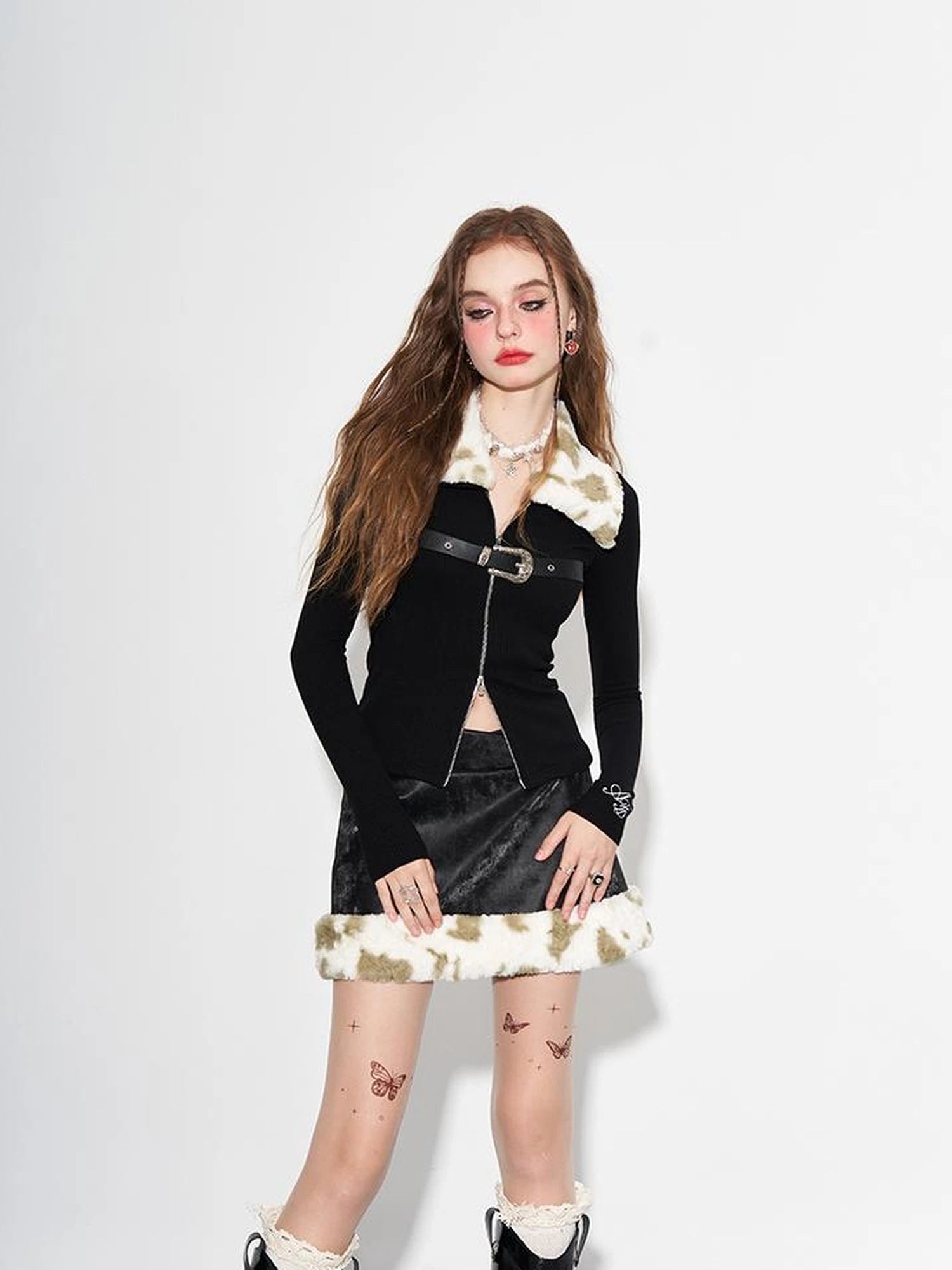 Detachable Faux Fur Collar Dual Zip Knit Top