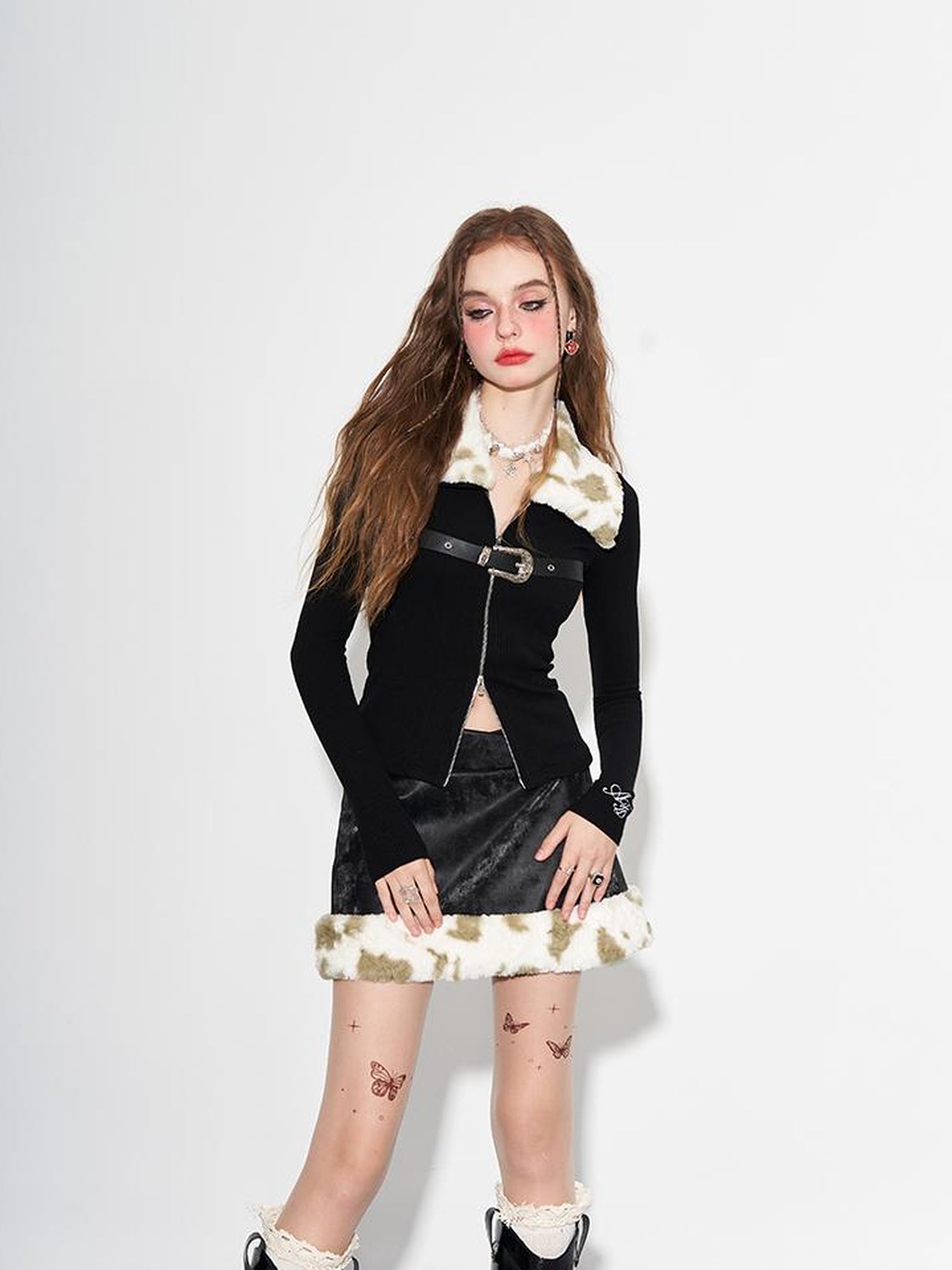AFTADAWN Detachable Faux Fur Collar Dual Zip Knit Top