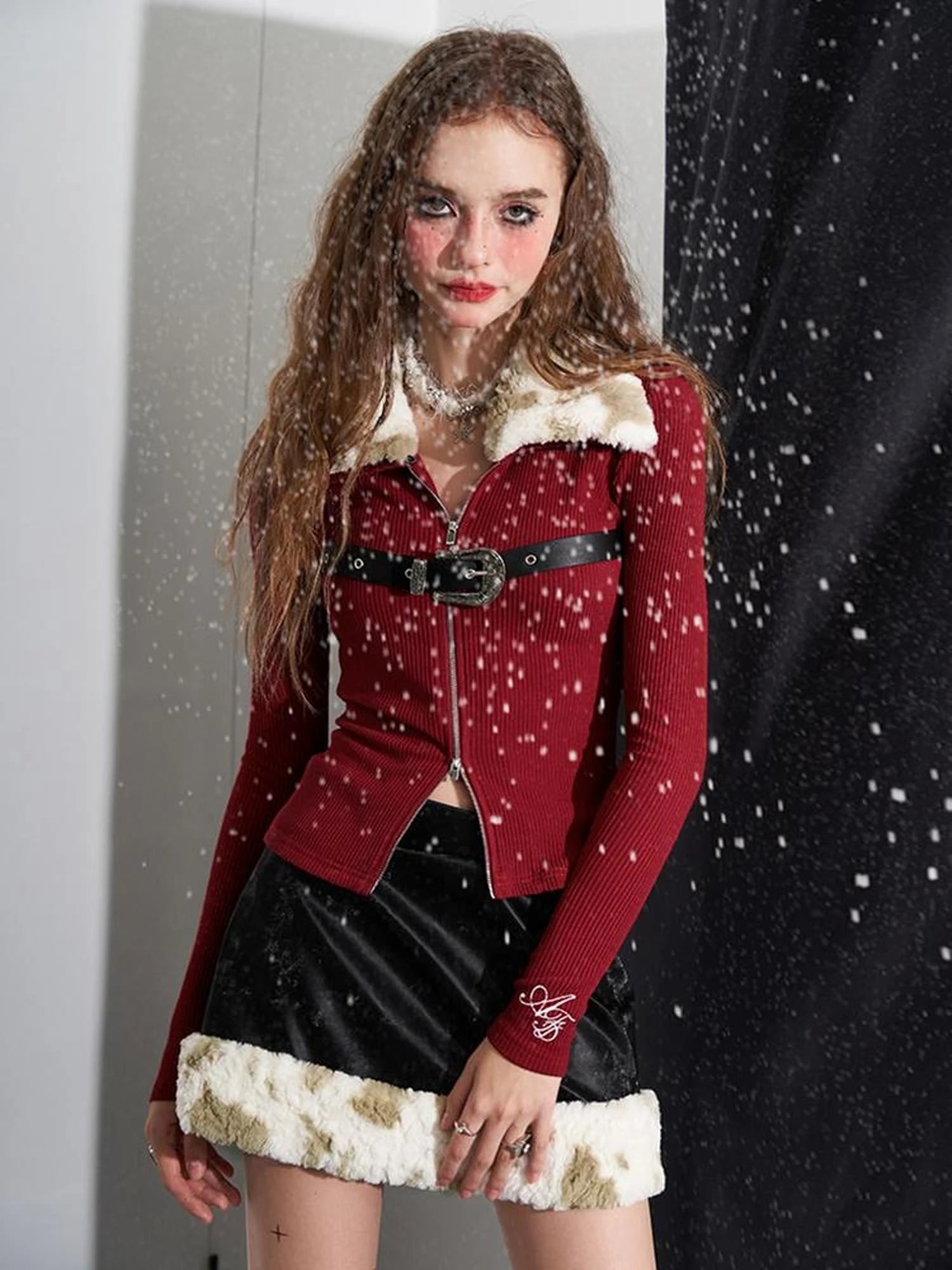 Detachable Faux Fur Collar Dual Zip Knit Top