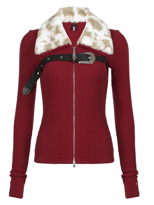 Detachable Faux Fur Collar Dual Zip Knit Top